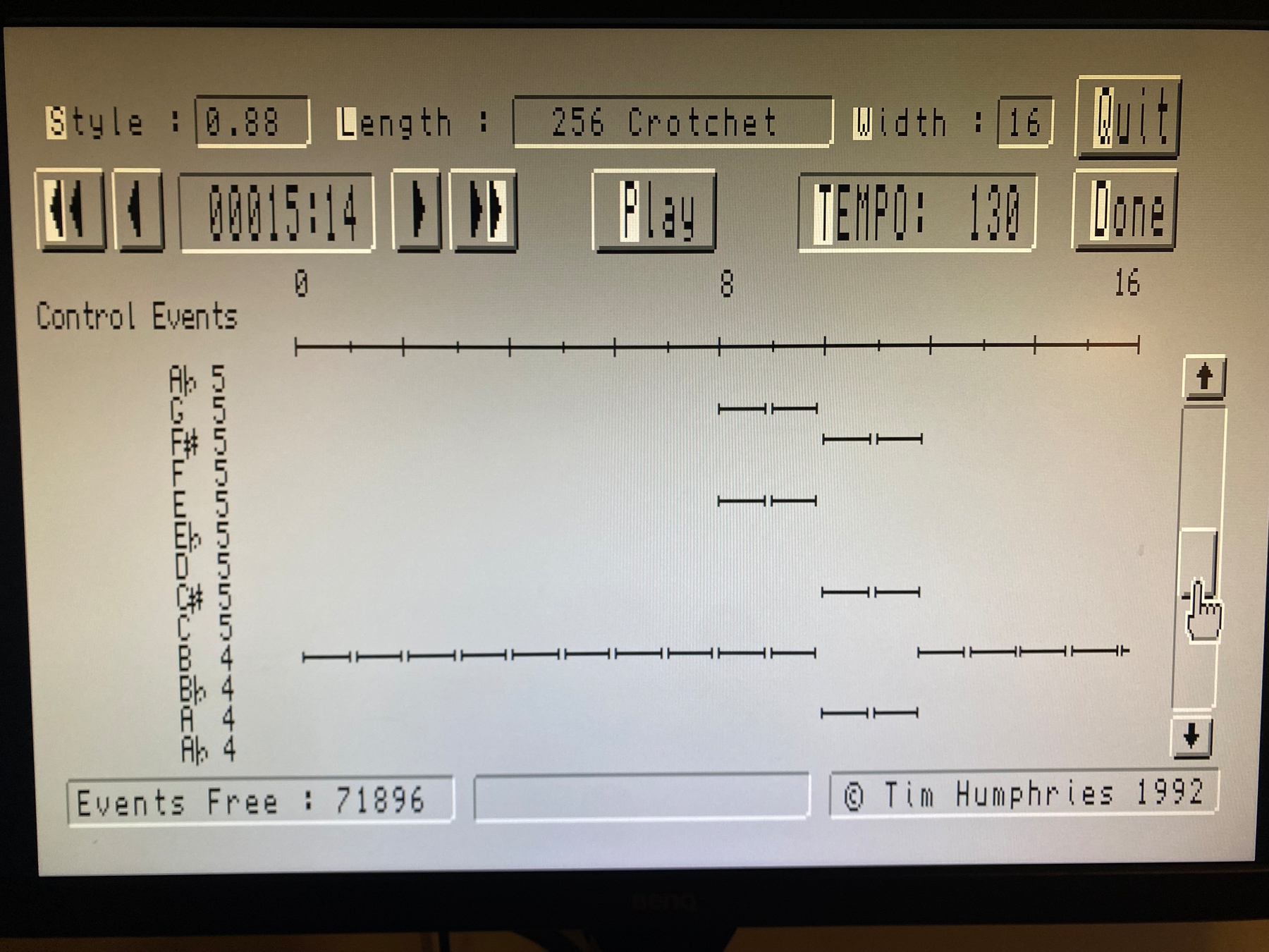 Another software screenshot from SAM MIDI Sequencer. The same note events from the previous image are now shown in a graphical piano roll. 