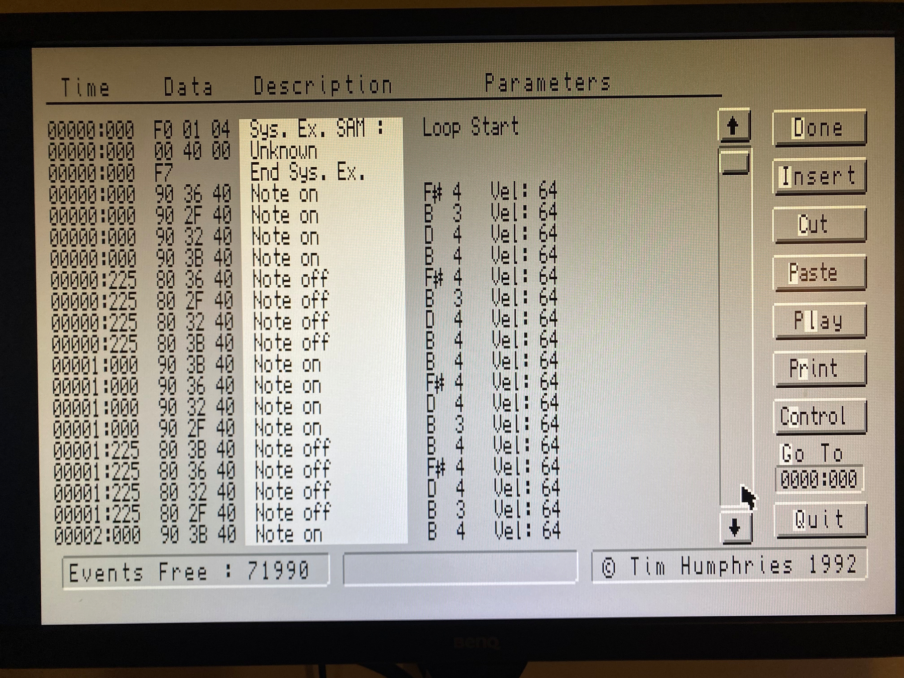 Screenshot of SAM MIDI Sequencer software. The screen shows a list of MIDI note events playing chords in B minor. 