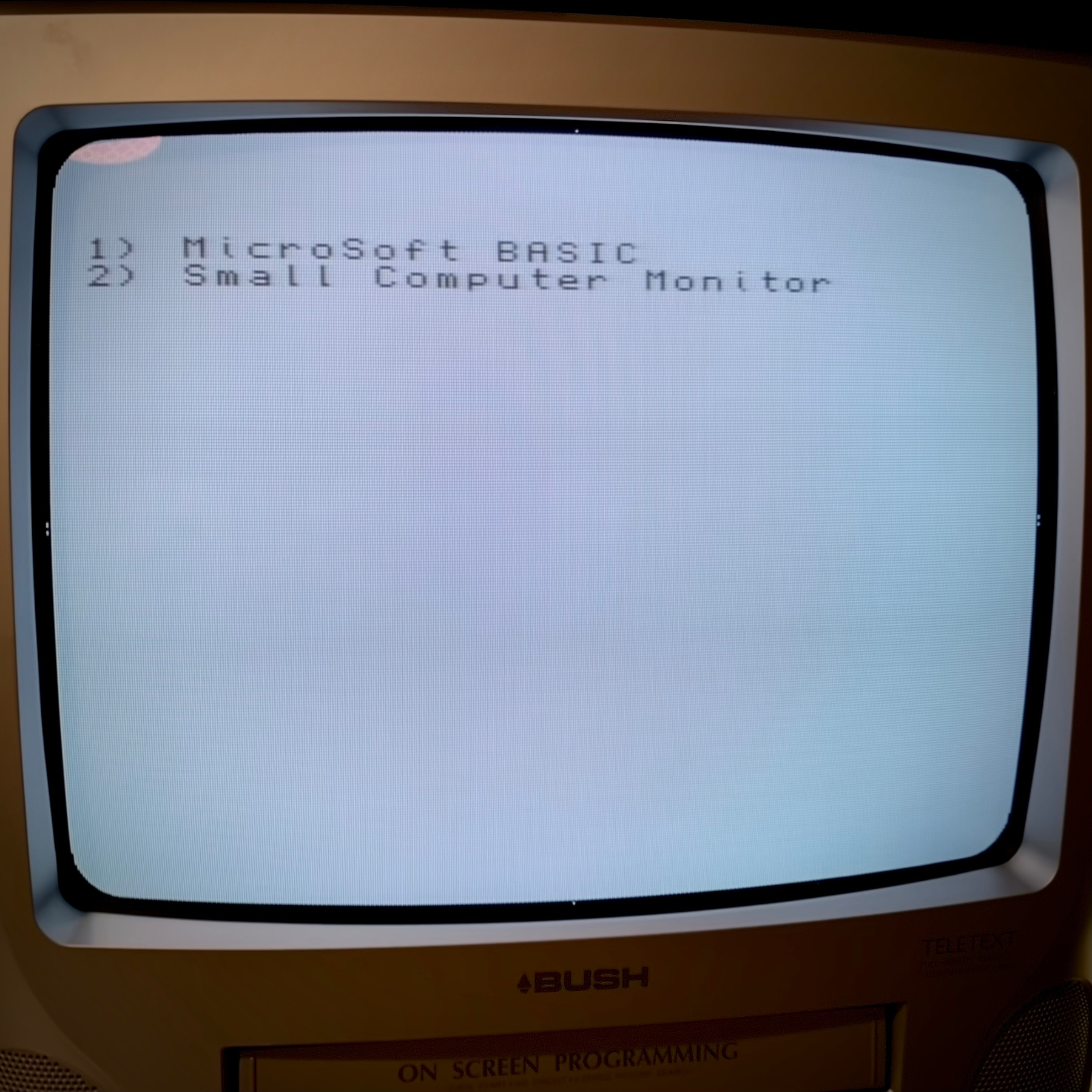 Photograph of a television screen. Text on the screen in black-on-white, reads “1) MicroSoft BASIC” and “2) Small Computer Monitor”.