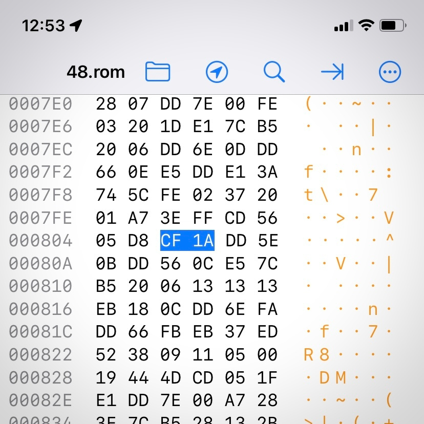 Cropped iPhone screenshot showing a hex-view of “48.rom”. Two consecutive bytes among many are highlighted. (Other fondleslabs may be available, YMMV).