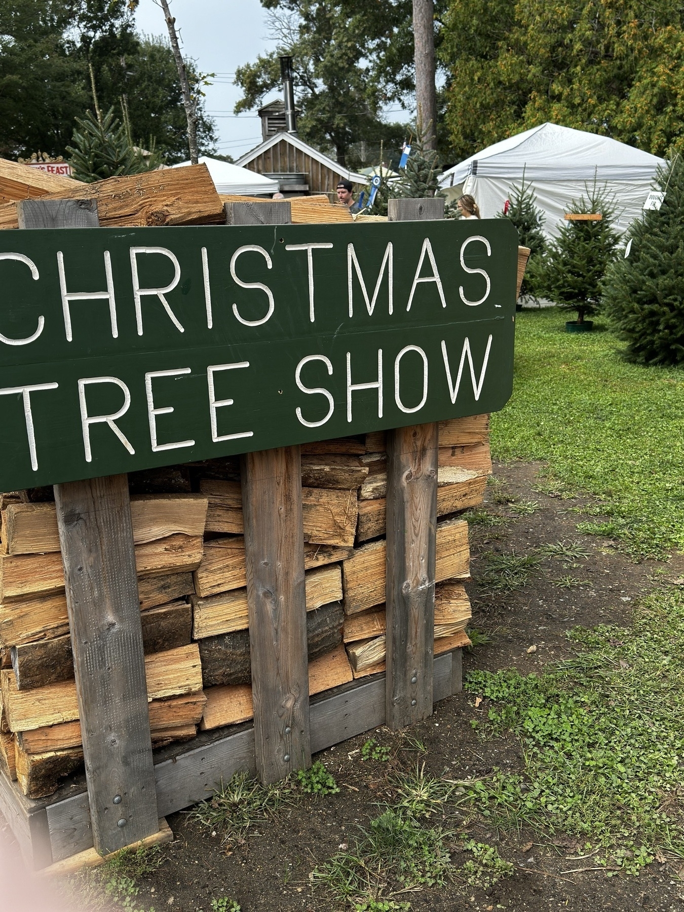 Cord of firewood with sign reading "Christmas Tree Show"