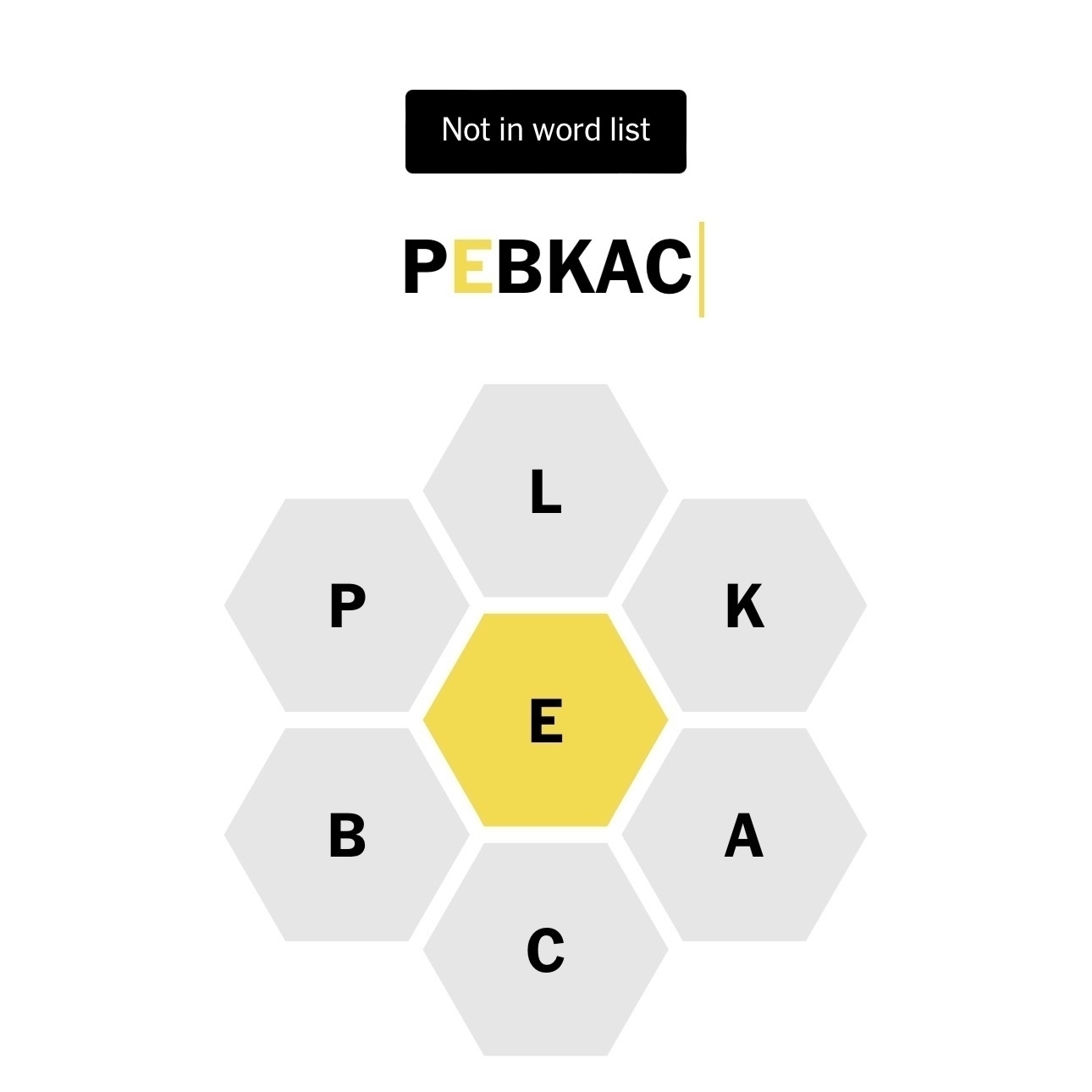 SpellingBee med ordet pebkac som ikke godkjent