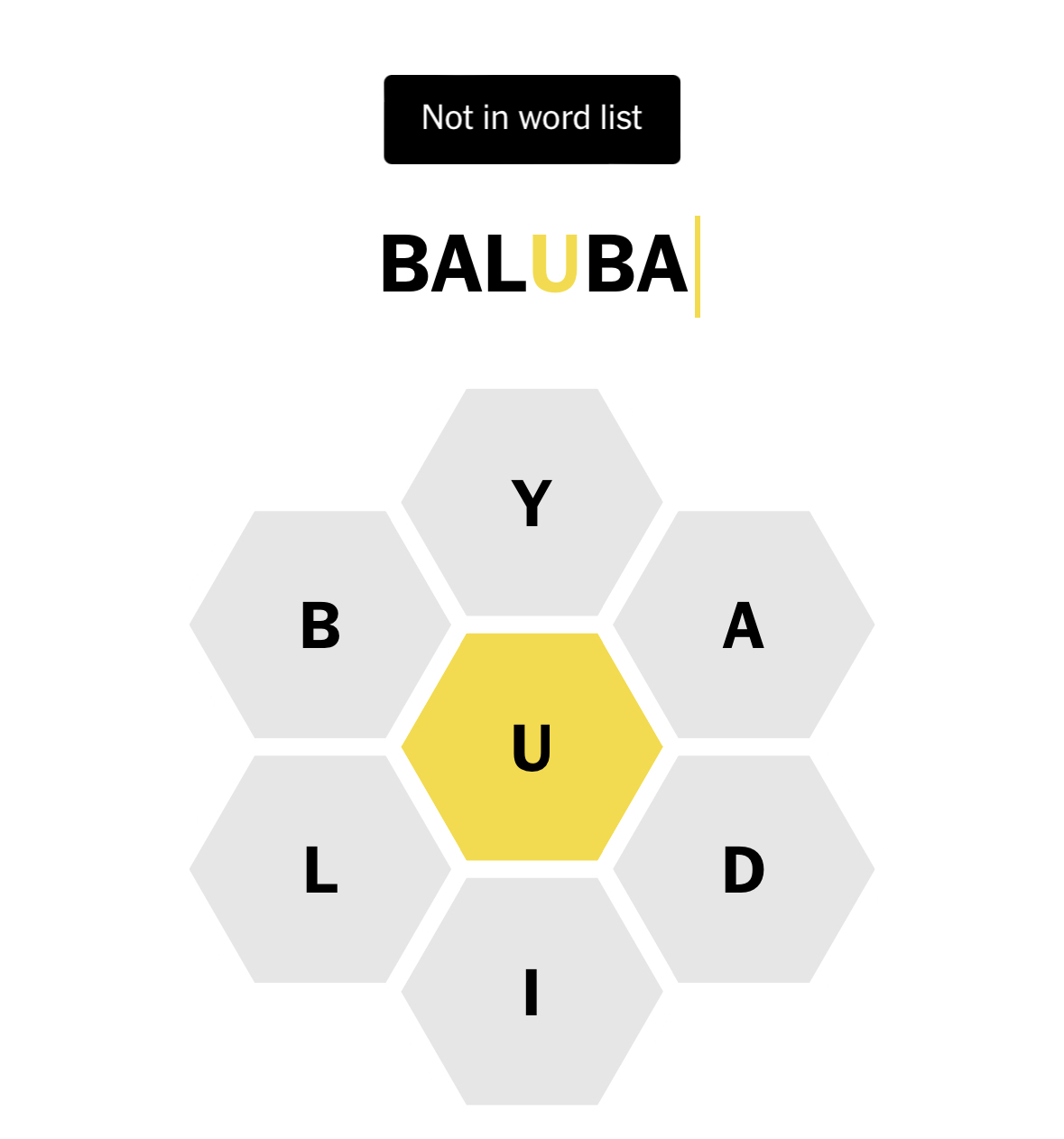 Spelling Bee med ordet Baluba som ikke funnet