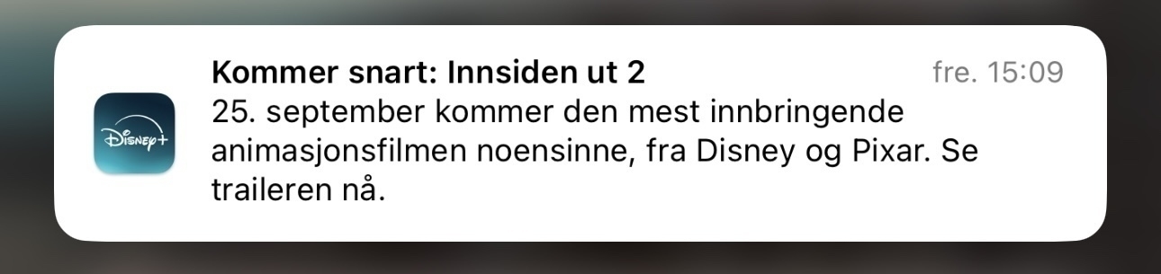 A notification in Norwegian mentions the upcoming release of "Innsiden ut 2" by Disney and Pixar on September 25.