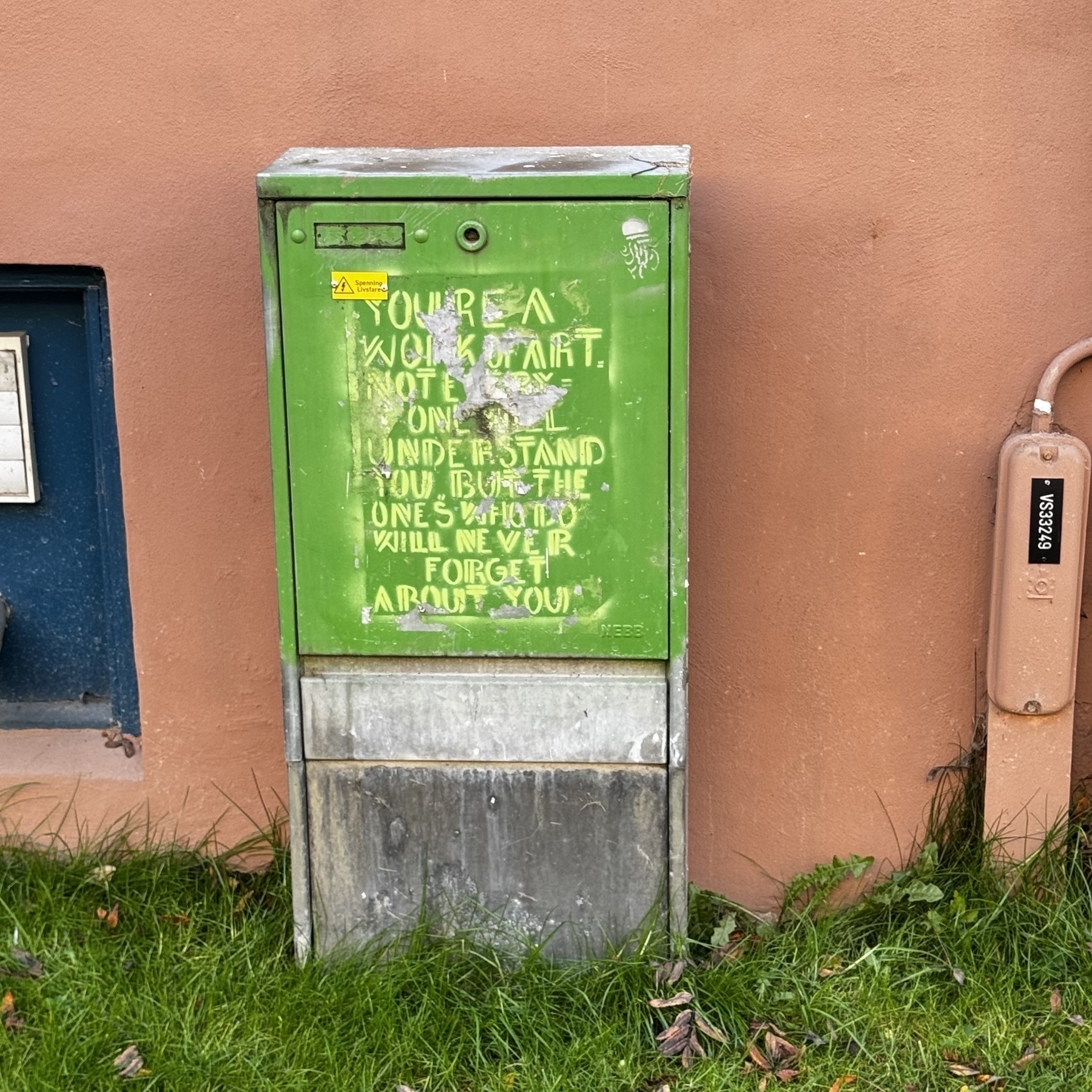 A green utility box with graffiti reads, "You’re a work of art, Not everyone will understand you but the ones who do, will never forget about you."