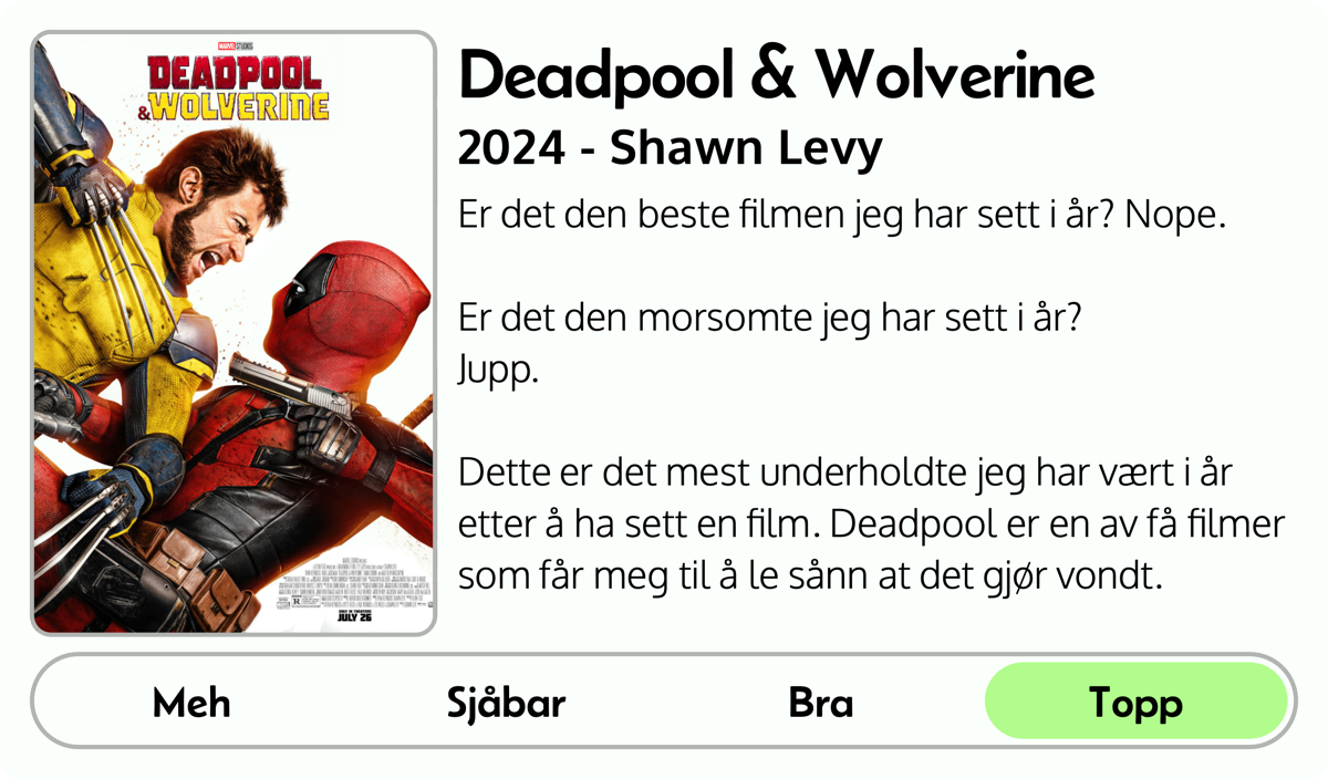 Er det den beste filmen jeg har sett i år? Nope.
Er det den morsomte jeg har sett i år?
Jupp.
Dette er det mest underholdte jeg har vært i år etter å ha sett en film. Deadpool er en av få filmer som får meg til å le sånn at det gjør vondt.