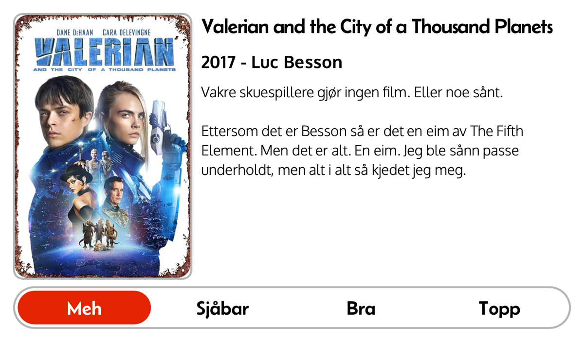 Vakre skuespillere gjør ingen film. Eller noe sånt. 
Ettersom det er Besson så er det en eim av The Fifth Element. Men det er alt. En eim. Jeg ble sånn passe underholdt, men alt i alt så kjedet jeg meg. 