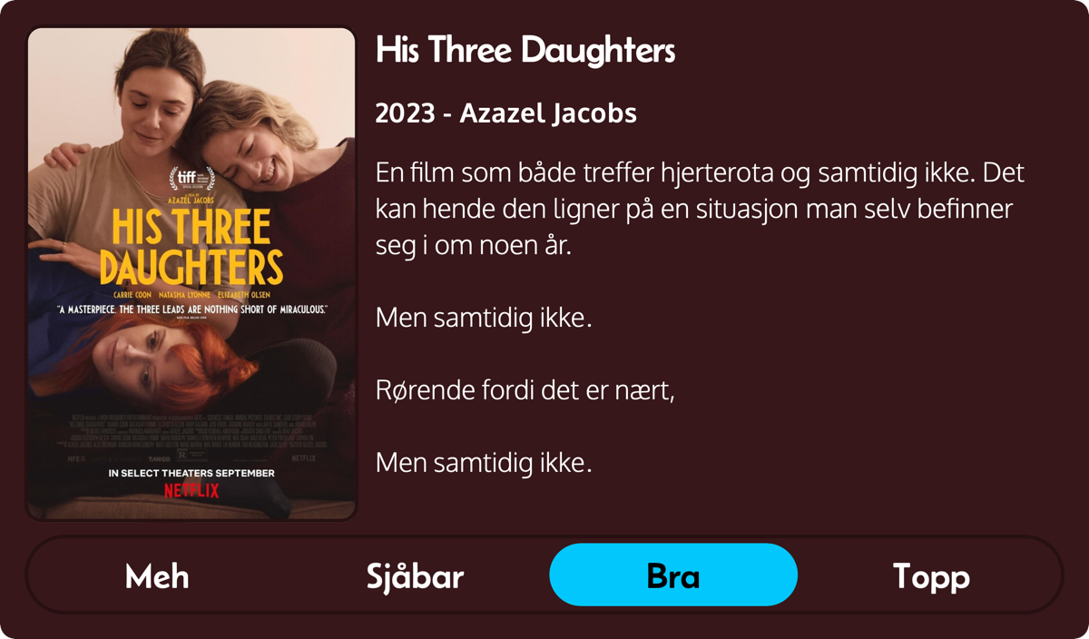 En film som både treffer hjerterota og samtidig ikke. Det kan hende den ligner på en situasjon man selv befinner seg i om noen år.
Men samtidig ikke. 
Rørende fordi det er nært,
Men samtidig ikke.