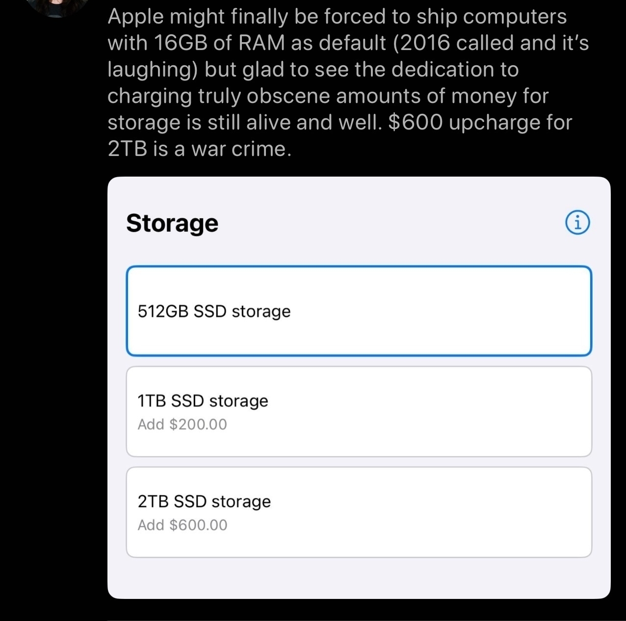 A comment criticizes Apple's pricing for SSD storage options, highlighting a $600 upcharge for 2TB by comparing to war crimes. 