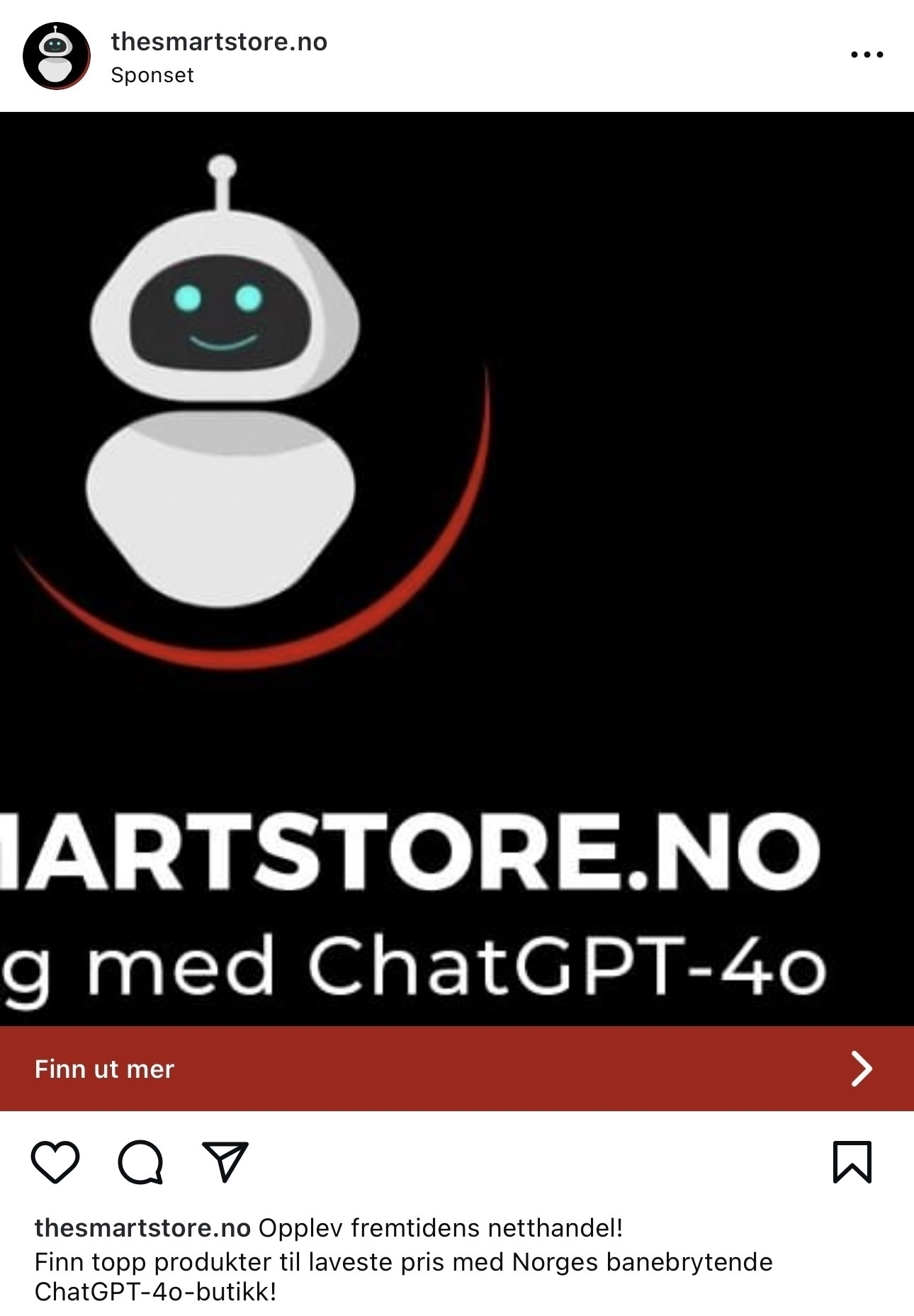 A promotional ad for thesmartstore.no features an illustration of a smiling robot with text in Norwegian advertising ChatGPT-40 and future online shopping.