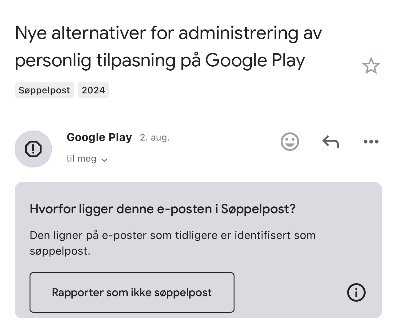 An email in Norwegian discusses new options for managing personalization in Google Play and is marked as potential spam with a prompt to report if it's not spam.