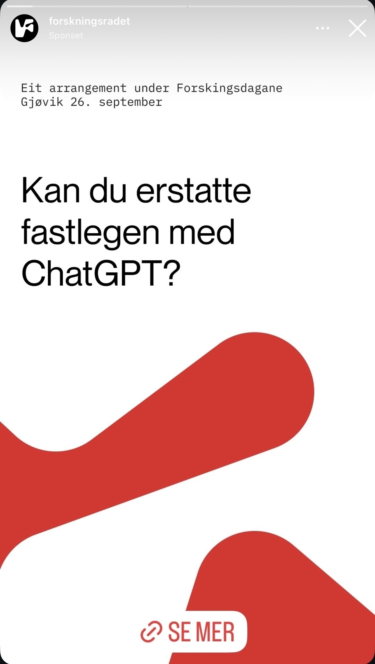 A promotional poster with text in Norwegian asking if ChatGPT can replace your doctor, featuring abstract red shapes.