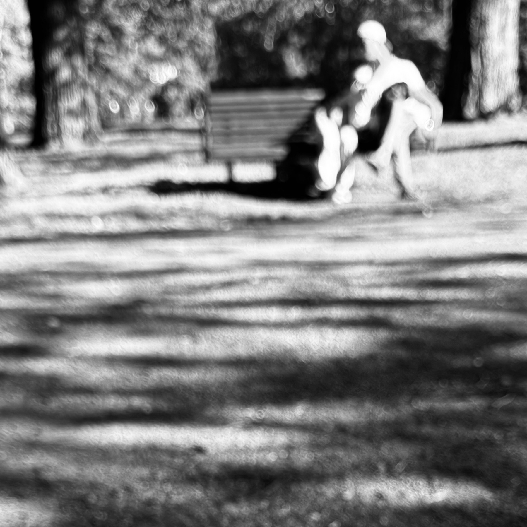 A blurred black and white photo shows a couple sitting on a bench in a park with trees in the background.