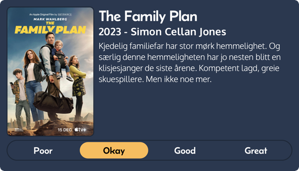 The Family Plan
2023 - Simon Cellan Jones
Kjedelig familiefar har stor mørk hemmelighet. Og særlig denne hemmeligheten har jo nesten blitt en klisjesjanger de siste årene. Kompetent lagd, greie skuespillere. Men ikke noe mer.