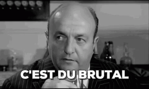 Auto-generated description: A black-and-white scene depicts a man speaking, with the caption C'est du brutal written across the image.