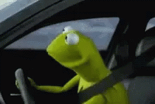 Auto-generated description: Kermit the Frog, is sitting in the driver's seat of a car, turning to camera with a scrunched face.