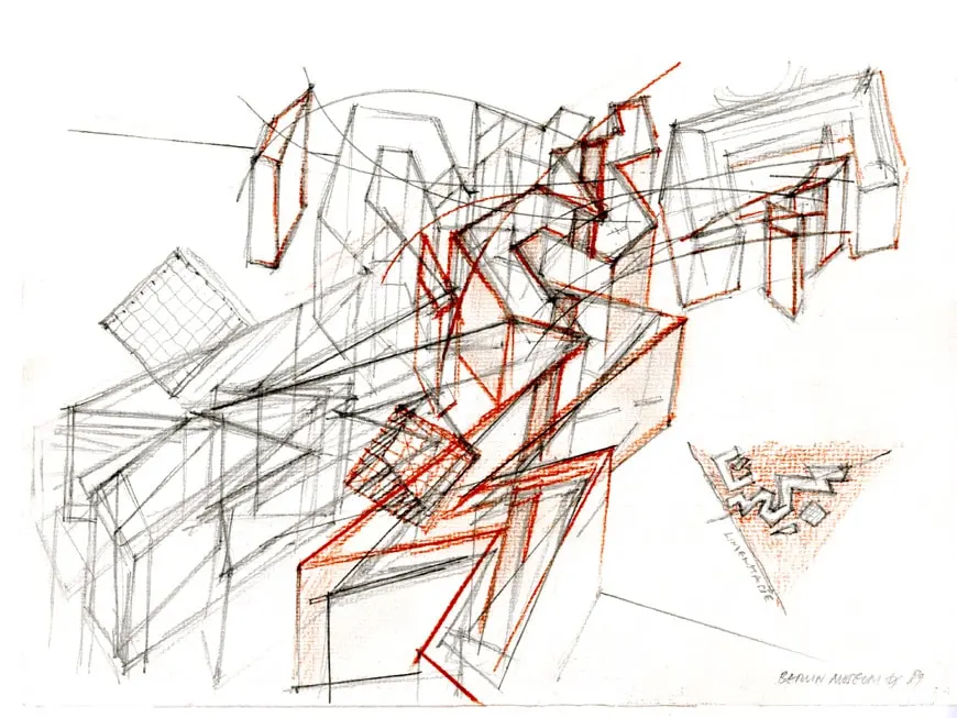 Auto-generated description: An abstract geometric sketch features intersecting lines and shapes in red and black.