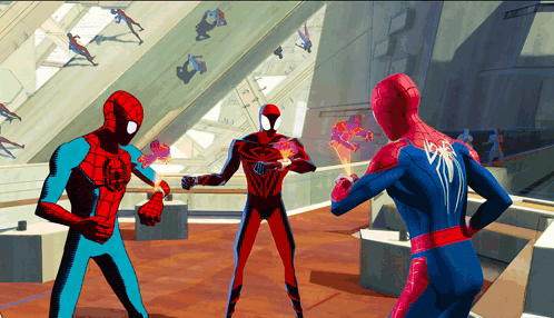 Auto-generated description: Multiple Spider-Man characters are pointing at each other inside a building filled with other Spider-Man figures in the background.