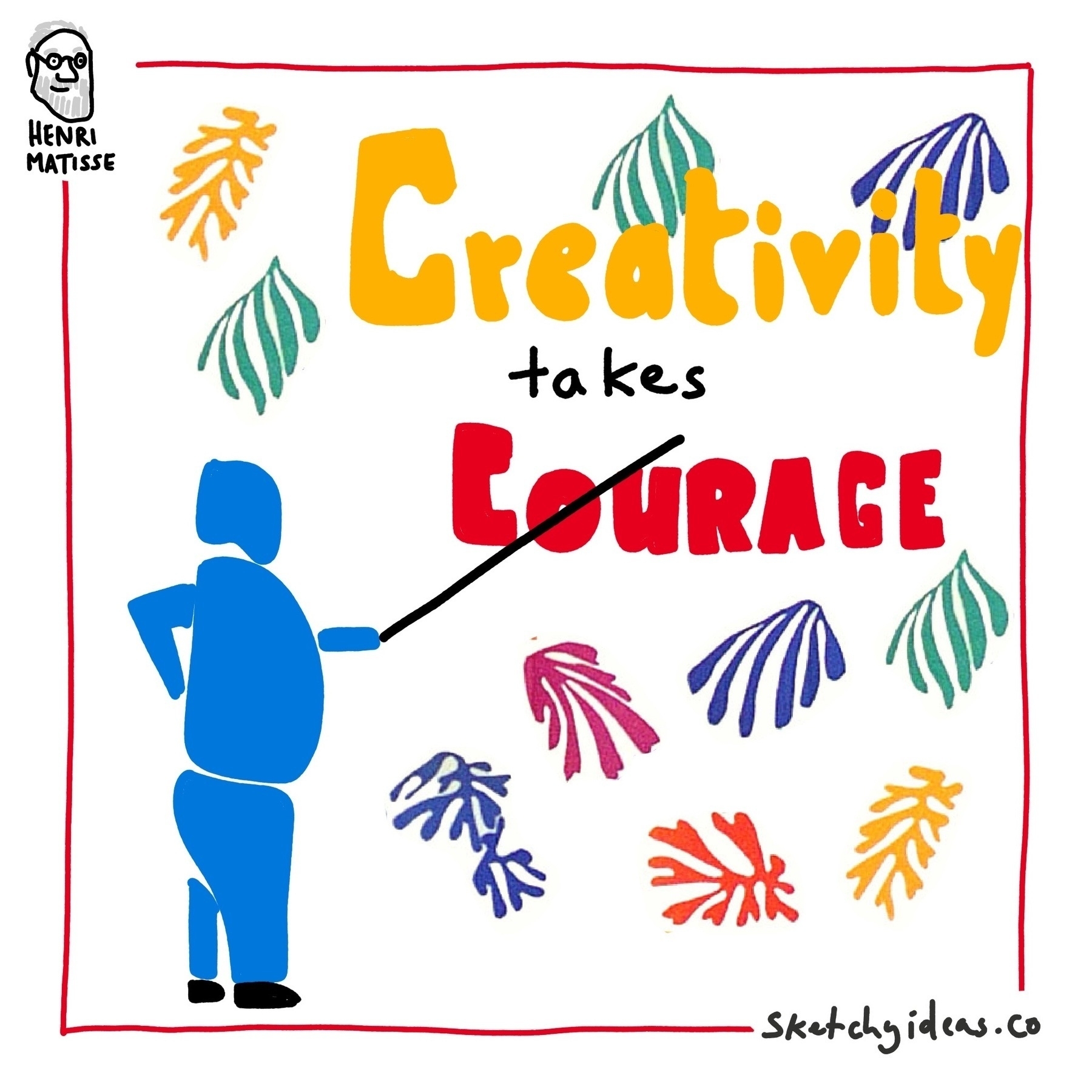 A graphic showing the Matisse quote “Creativity takes Courage” with a cutout of Matisse in blue. 