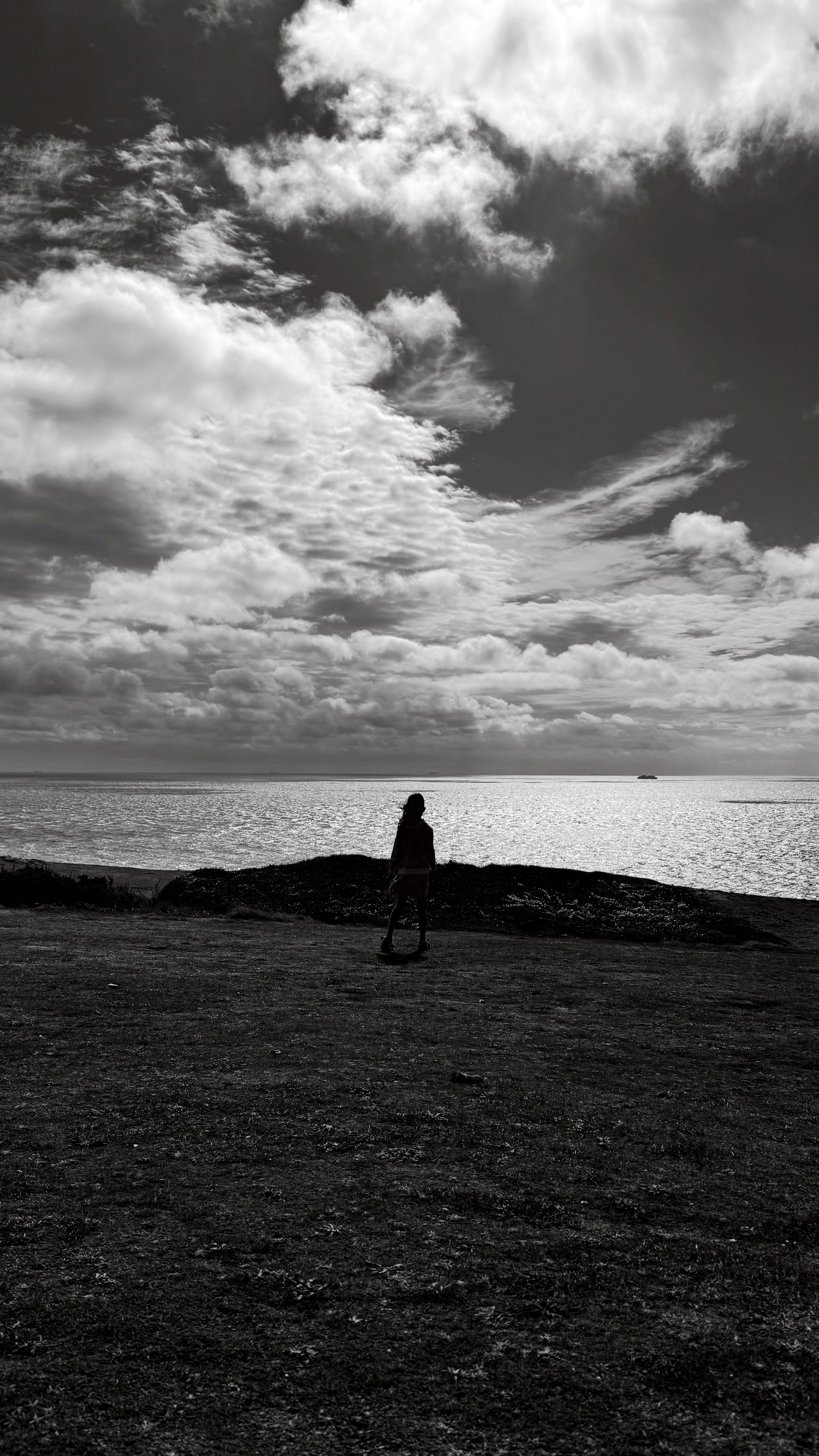 A solitary figure stands on the shore, silhouetted against a shimmering sea under a dramatic sky filled with clouds.