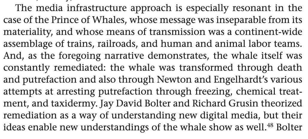 The media infrastructure approach is especially resonant in the case of the Prince of Whales, whose message was inseparable from its materiality, and whose means of transmission was a continent-wide assemblage of trains, railroads, and human and animal labor teams.&10;And, as the foregoing narrative demonstrates, the whale itself was constantly remediated: the whale was transformed through death and putrefaction and also through Newton and Engelhardt's various attempts at arresting putrefaction through freezing, chemical treat-ment, and taxidermy. Jay David Bolter and Richard Grusin theorized remediation as a way of understanding new digital media, but their ideas enable new understandings of the whale show as well.[48] Bolter