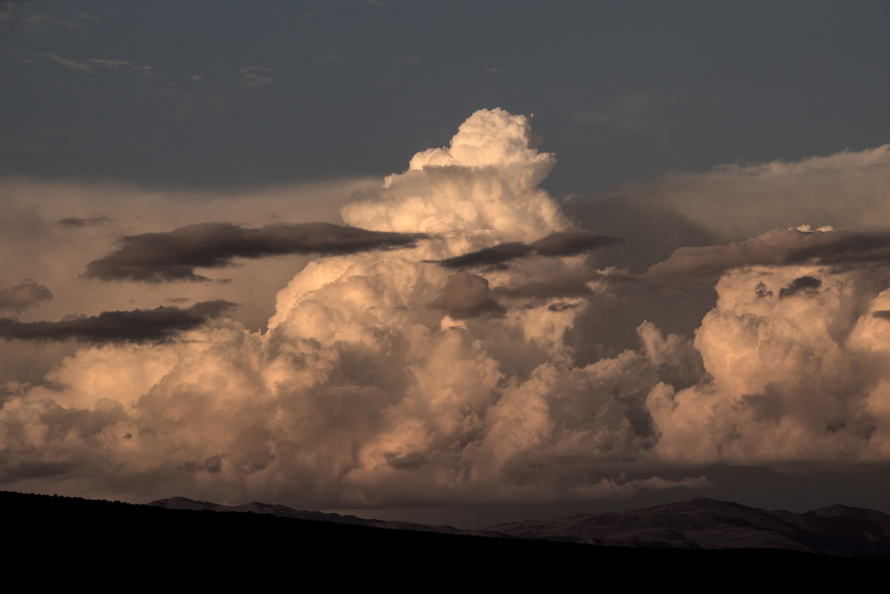 Huge cumulonimbus cloud, lit by the setting sun.