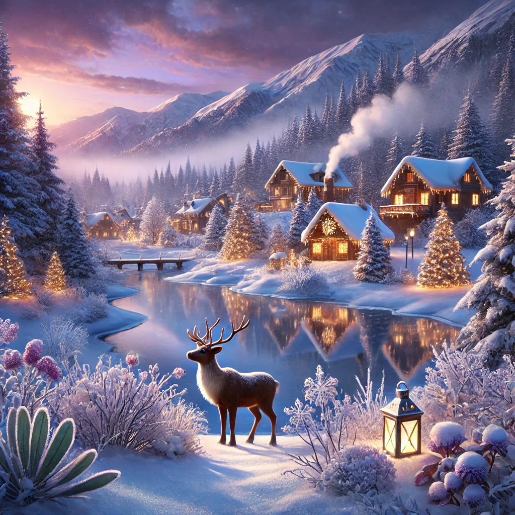 A reindeer stands peacefully beside a lantern amidst snowy bushes; cozy cabins with smoke rising from chimneys and decorated trees line a frozen river under a mountain backdrop at sunset.