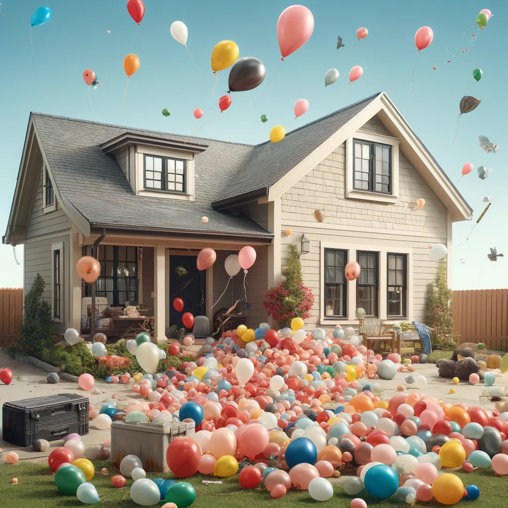 A two-story house surrounded by countless colorful balloons scattered on the ground and floating in the air, suggesting a vibrant celebration.
