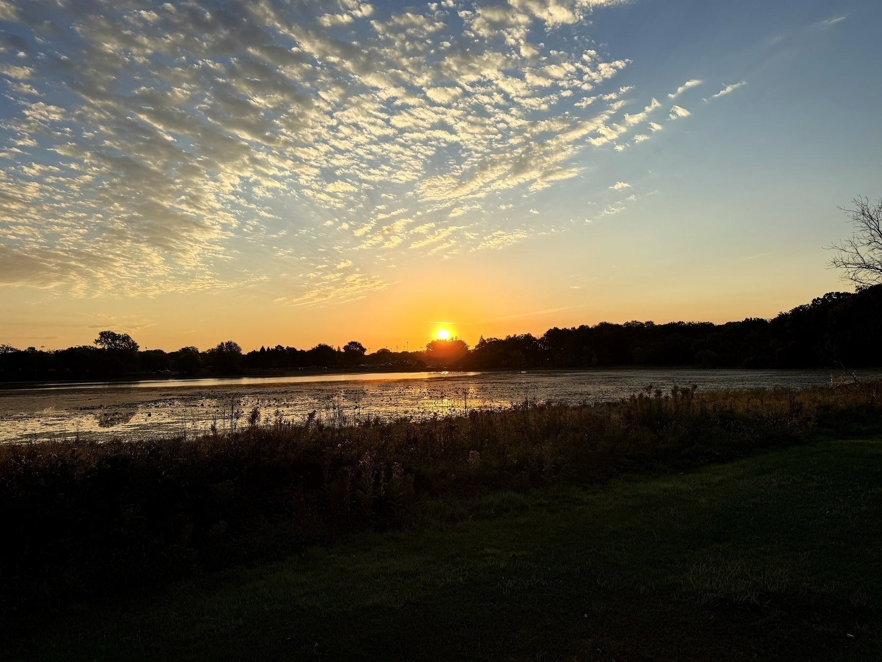 Sun sets over a calm lake, casting warm orange hues on the water. Wispy clouds scatter across the sky, while trees and grassy areas frame the serene landscape.