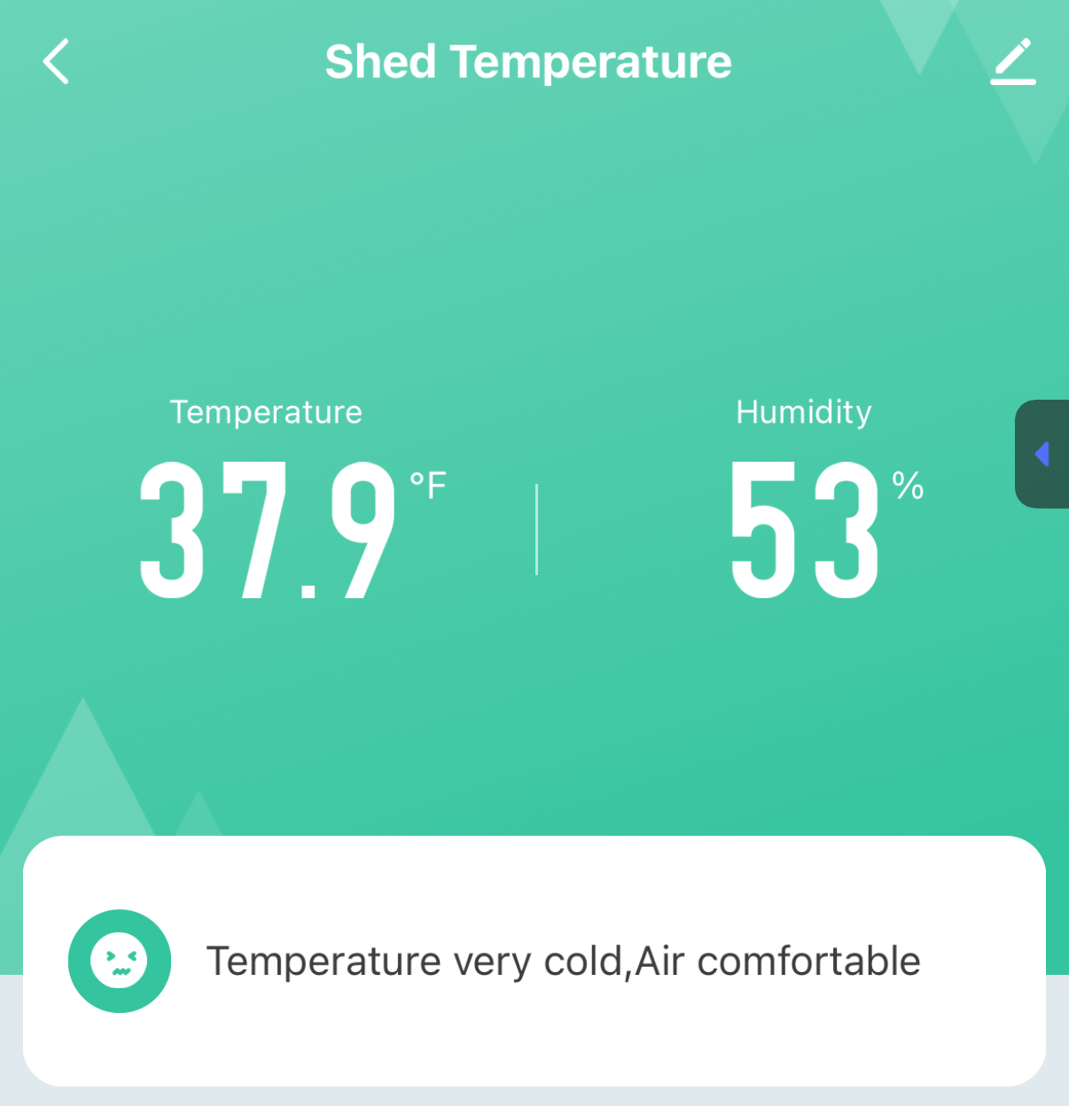 Display showing “Shed Temperature” with temperature at 37.9°F, humidity 53%. Context includes a comment: “Temperature very cold, Air comfortable.” Background is green and minimalistic.