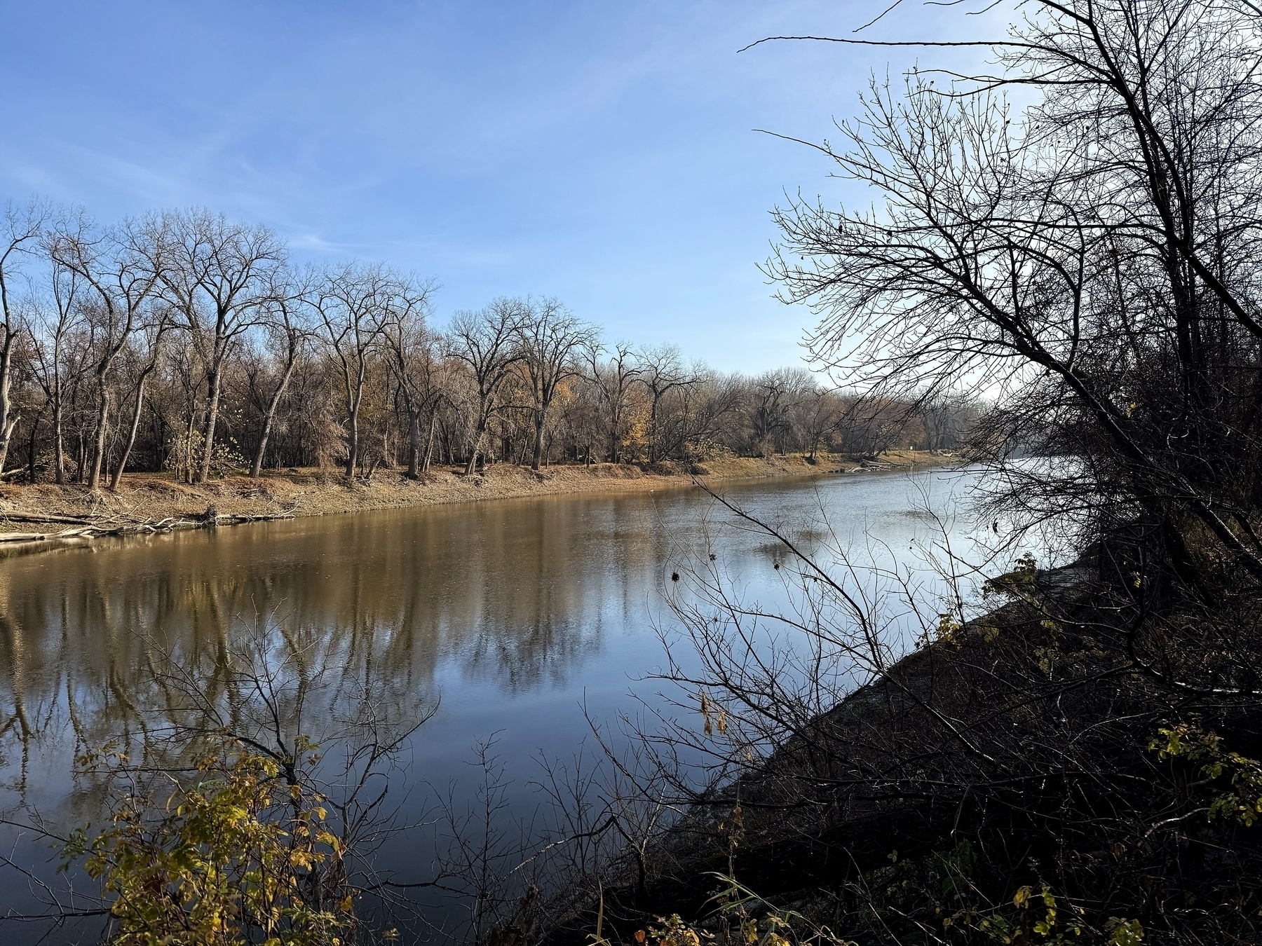 A calm river reflects leafless trees lining its banks under a clear blue sky, surrounded by sparse autumn foliage.