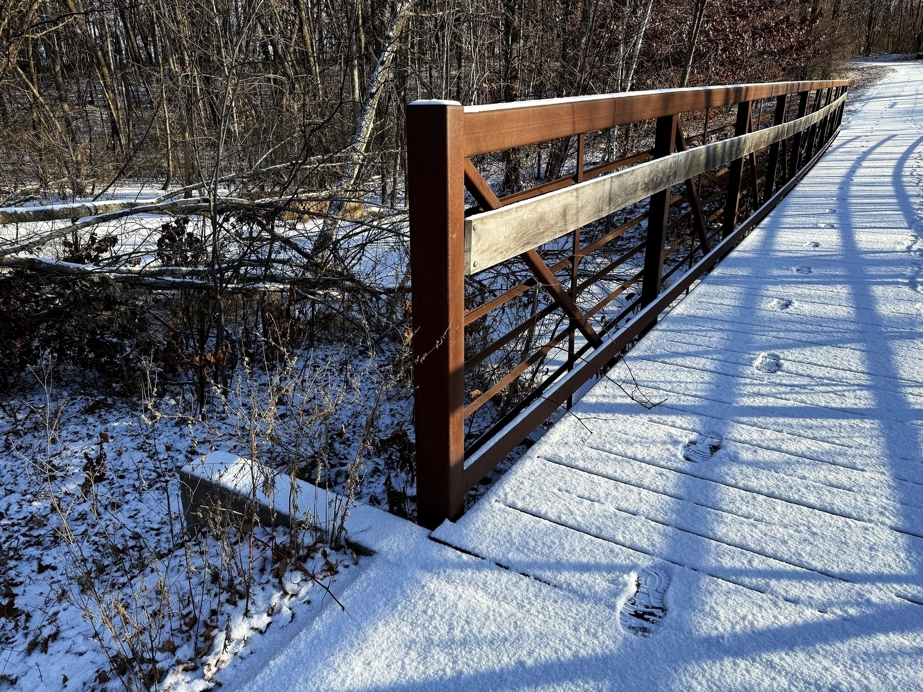 Wooden bridge, covered in snow, displays footprints crossing towards a snowy path. Bare trees and sparse vegetation surround the area, casting long shadows on the ground.