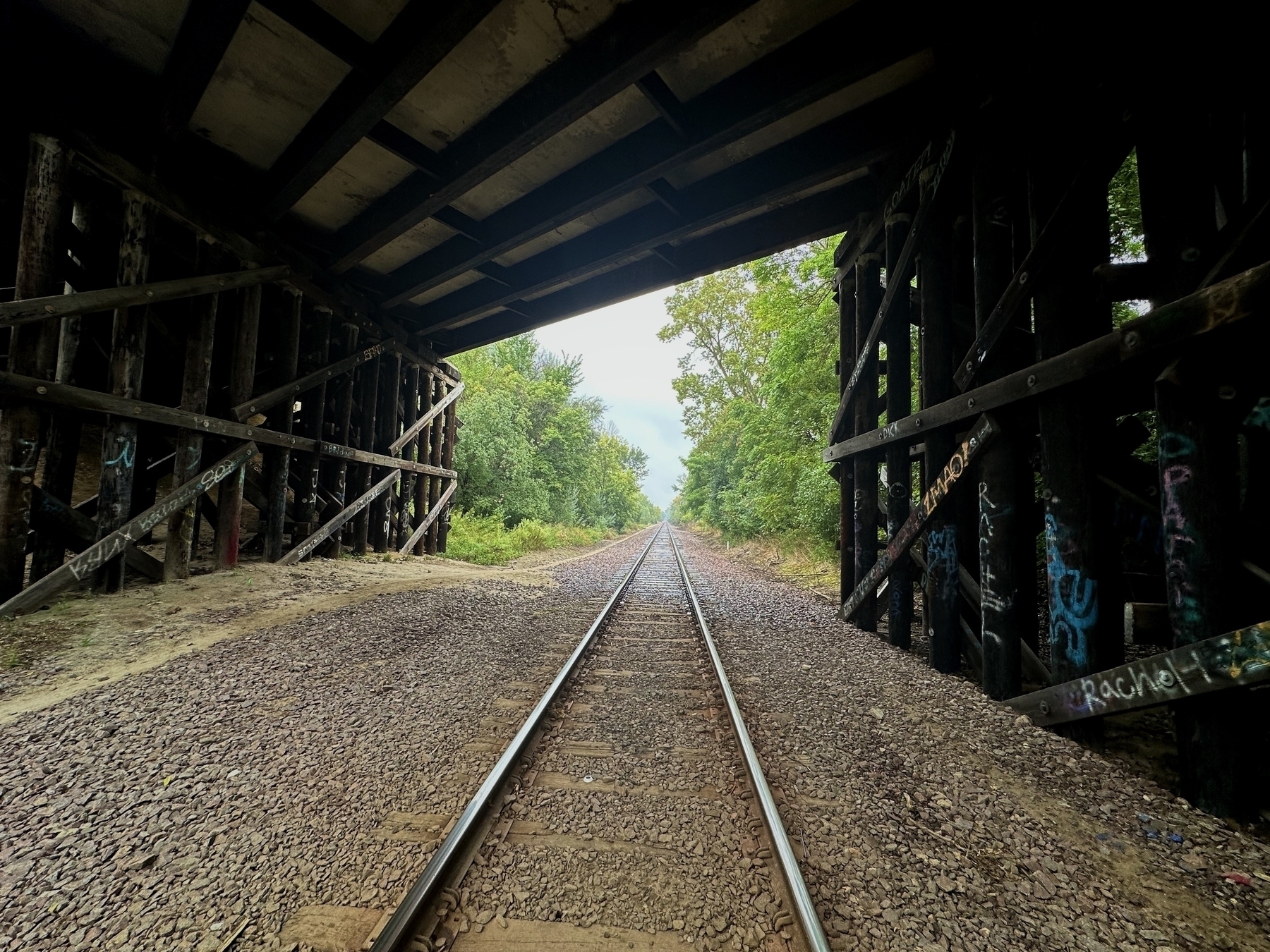 Railroad tracks continue under a graffiti-covered wooden bridge, surrounded by dense green foliage, disappearing into the distance.