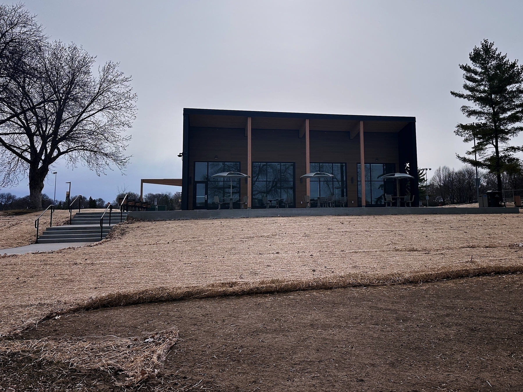 A modern building with large glass windows, a prominent wooden facade, and a sloped roof, nestled in a barren landscape with a leafless tree to the left and a pine tree to the right. A concrete pathway with steps leads up to the building