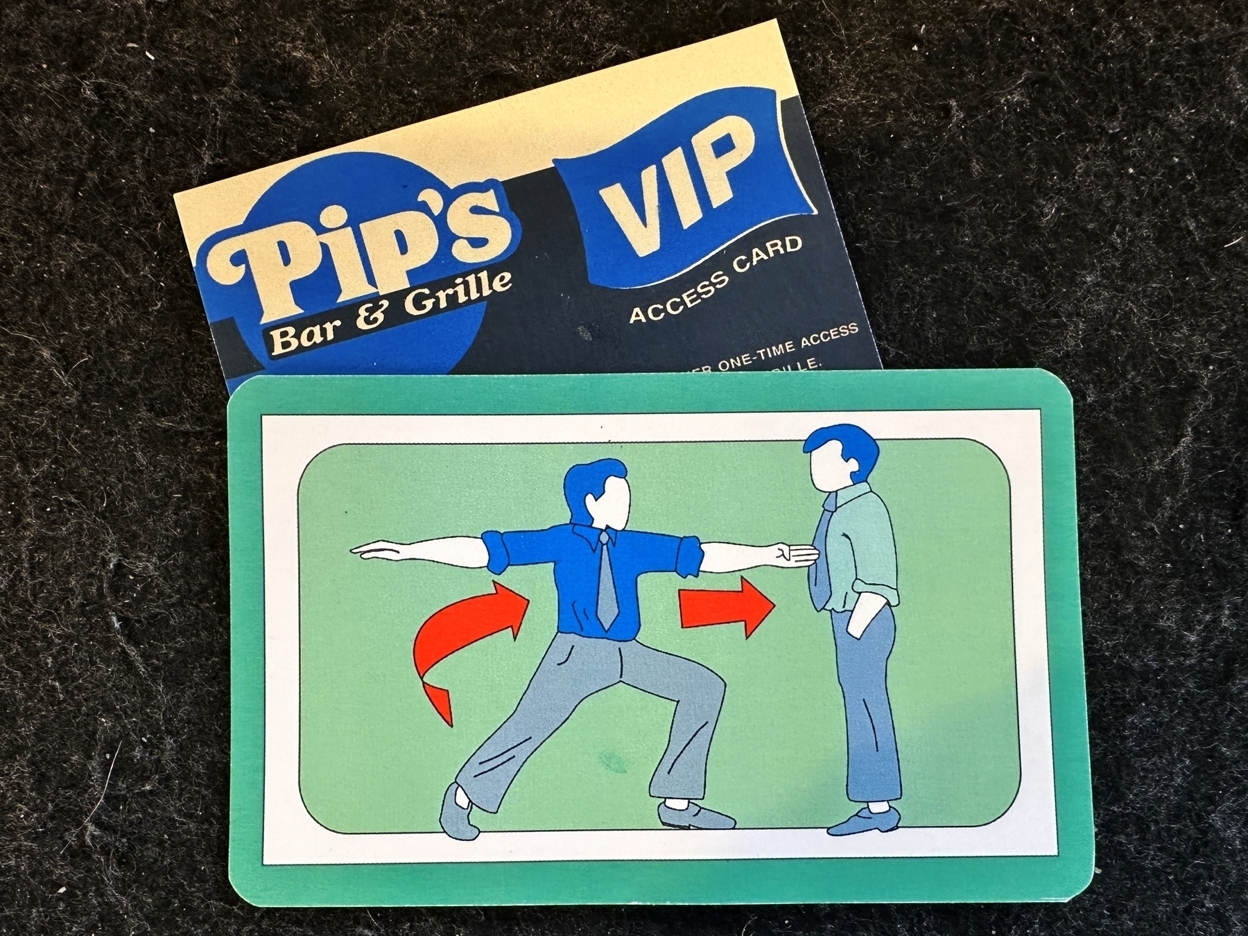 Two cards are shown; one illustrates a person using a hip bump to open a door, and the other is labeled “Pip’s VIP ACCESS CARD.