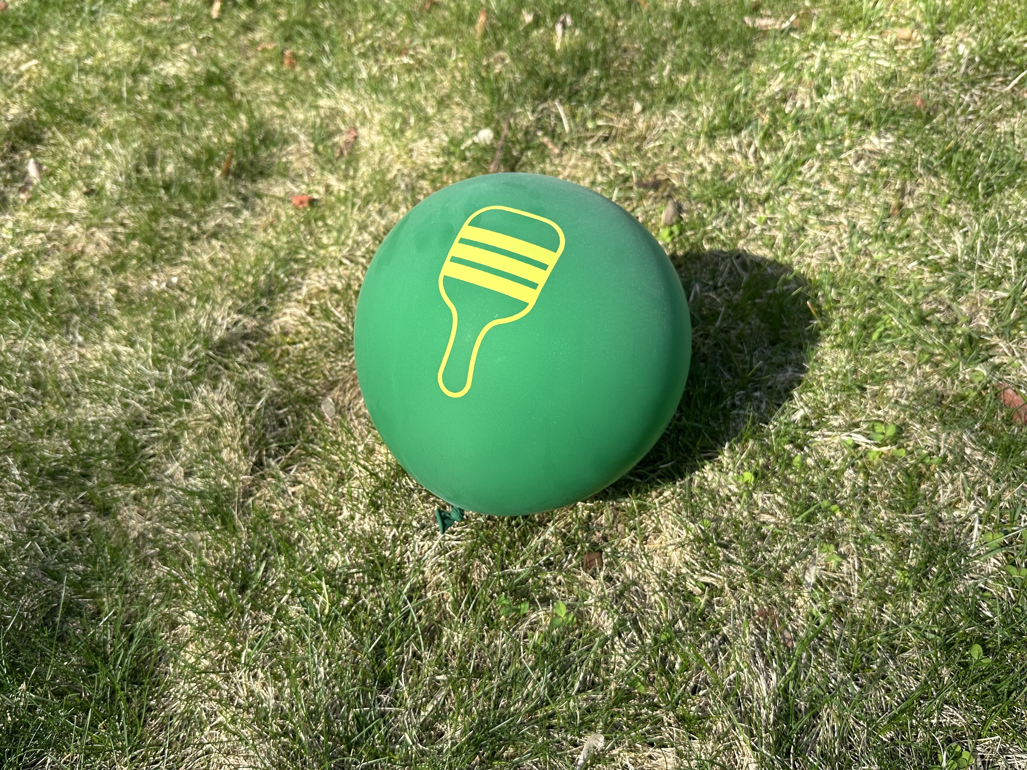 A green balloon with a yellow ice cream icon rests on grass, casting a shadow.