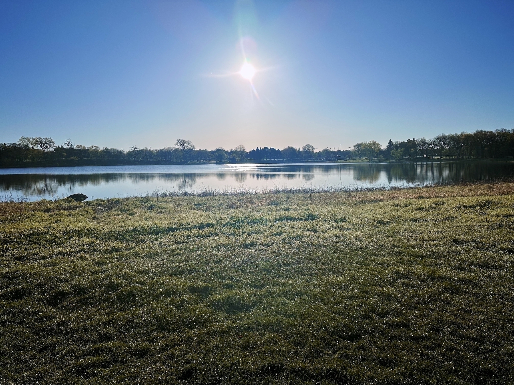 A serene lake reflects the clear sky with the sun shining brightly above; dew-kissed grass in the foreground adds to the tranquil morning ambiance.
