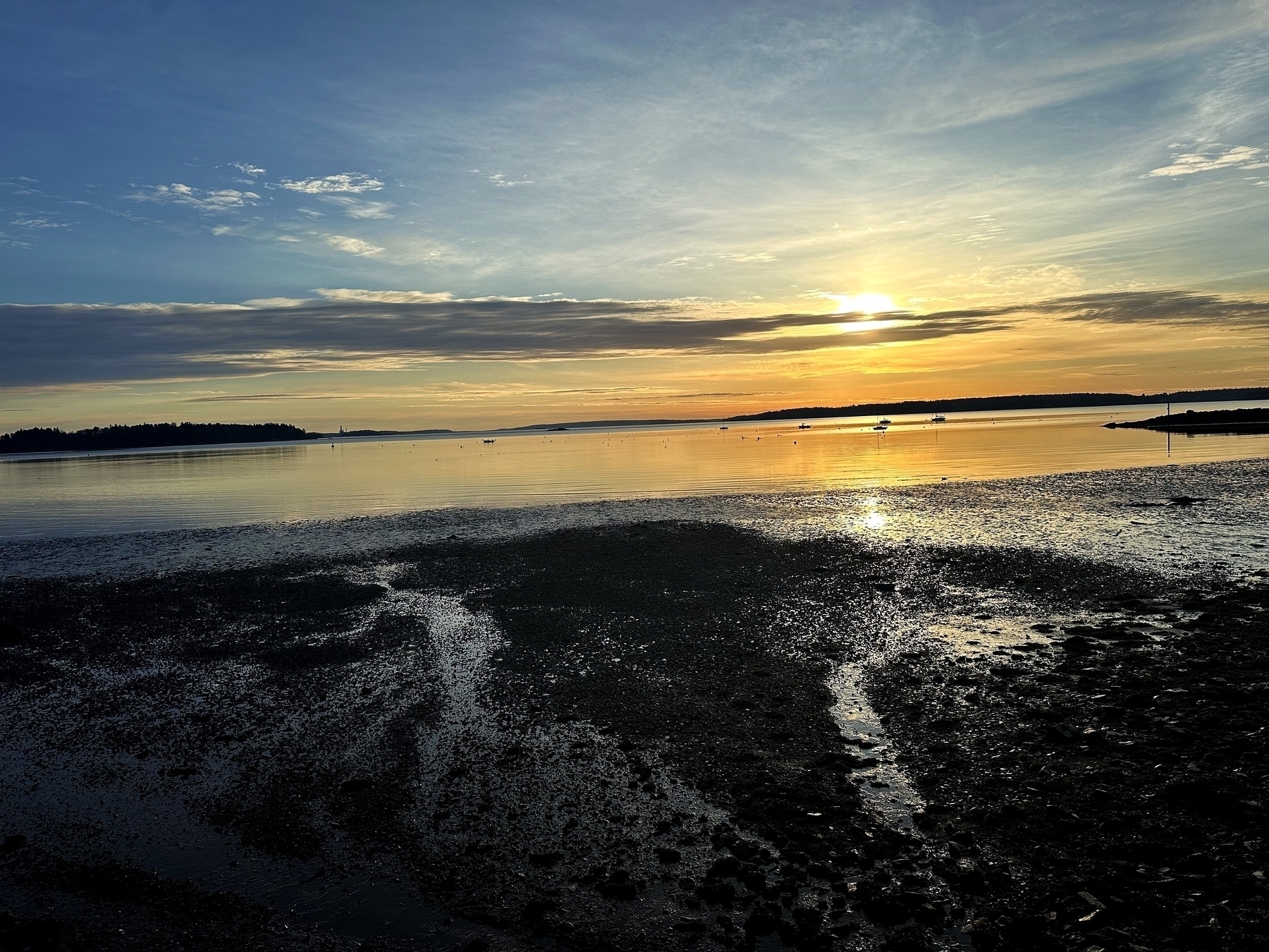 A sunset casts warm light on a calm sea, with silhouettes of boats and land in the distance; wet sand glistens in the foreground.