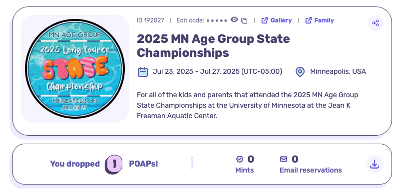 Event card for “2025 MN Age Group State Championships,” held July 23-27, 2025, in Minneapolis, USA. The image shows a colorful pool-themed logo with event details, including location at the University of Minnesota. There are options for POAPs, mints, and