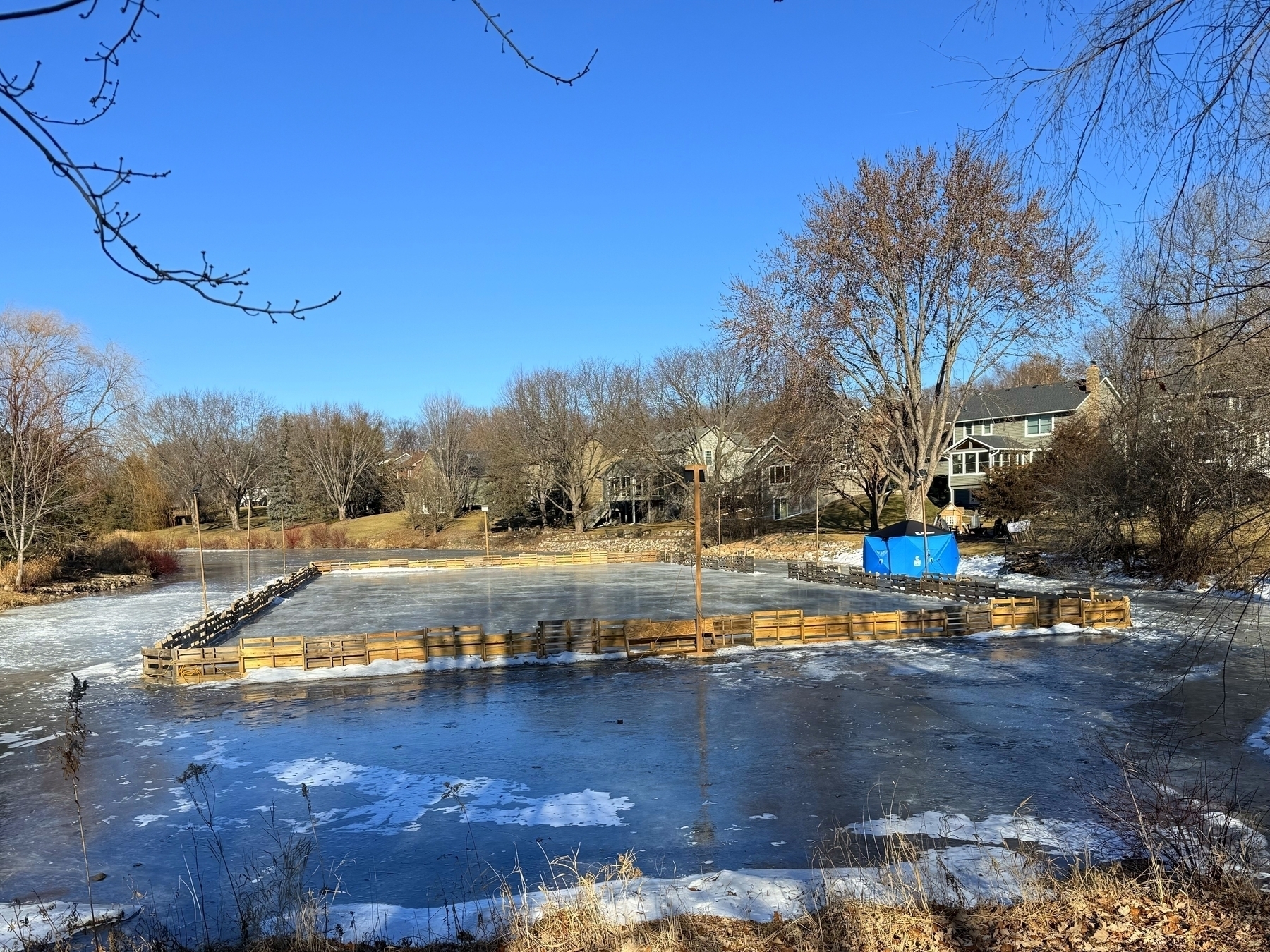 An outdoor ice rink surrounded by wooden boards is set on a frozen pond, with residential houses and leafless trees in the background under a clear blue sky.