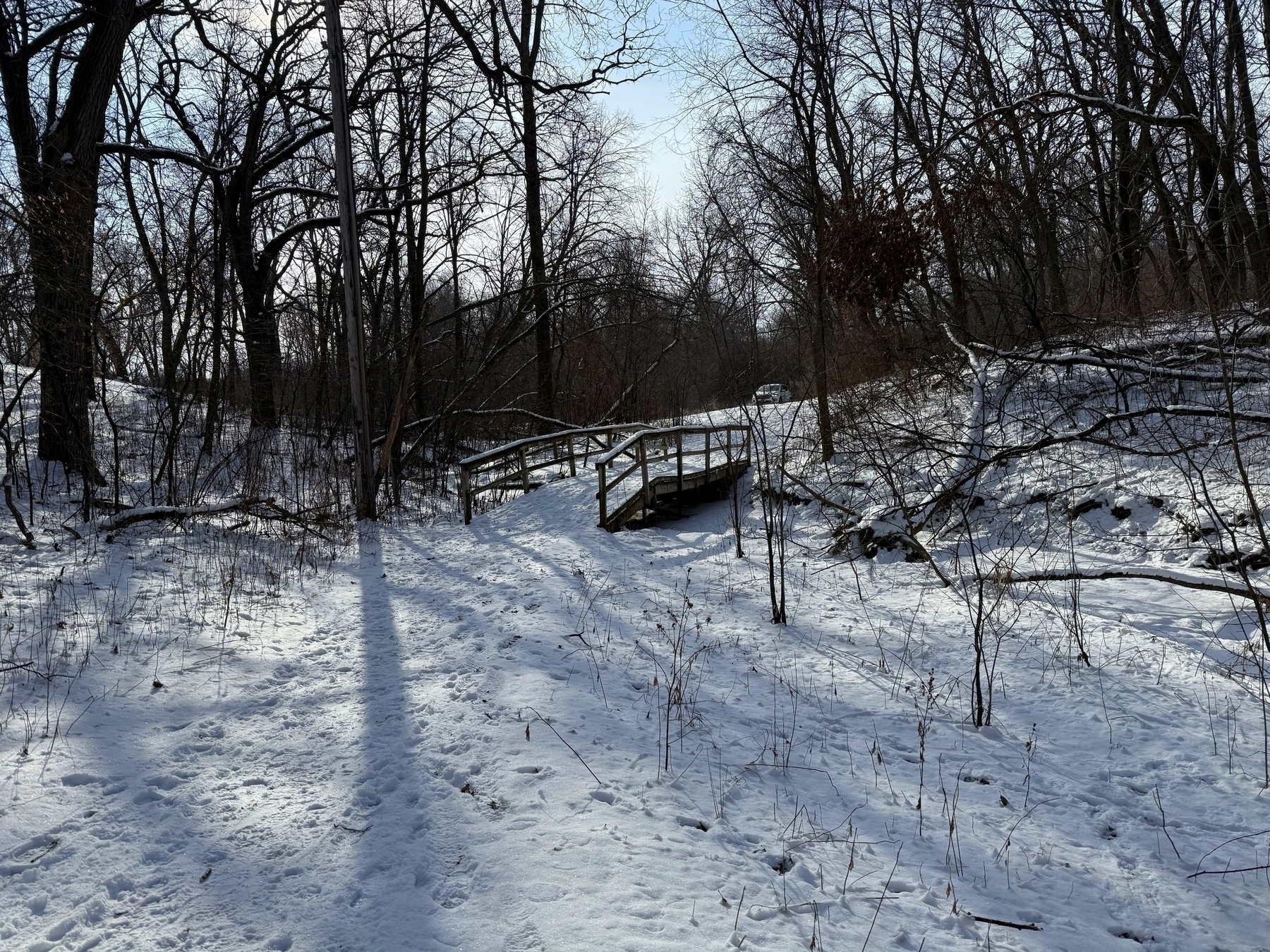 Wooden bridge stands over a small snow-covered path, surrounded by leafless trees casting long shadows in a quiet, sunlit winter forest.