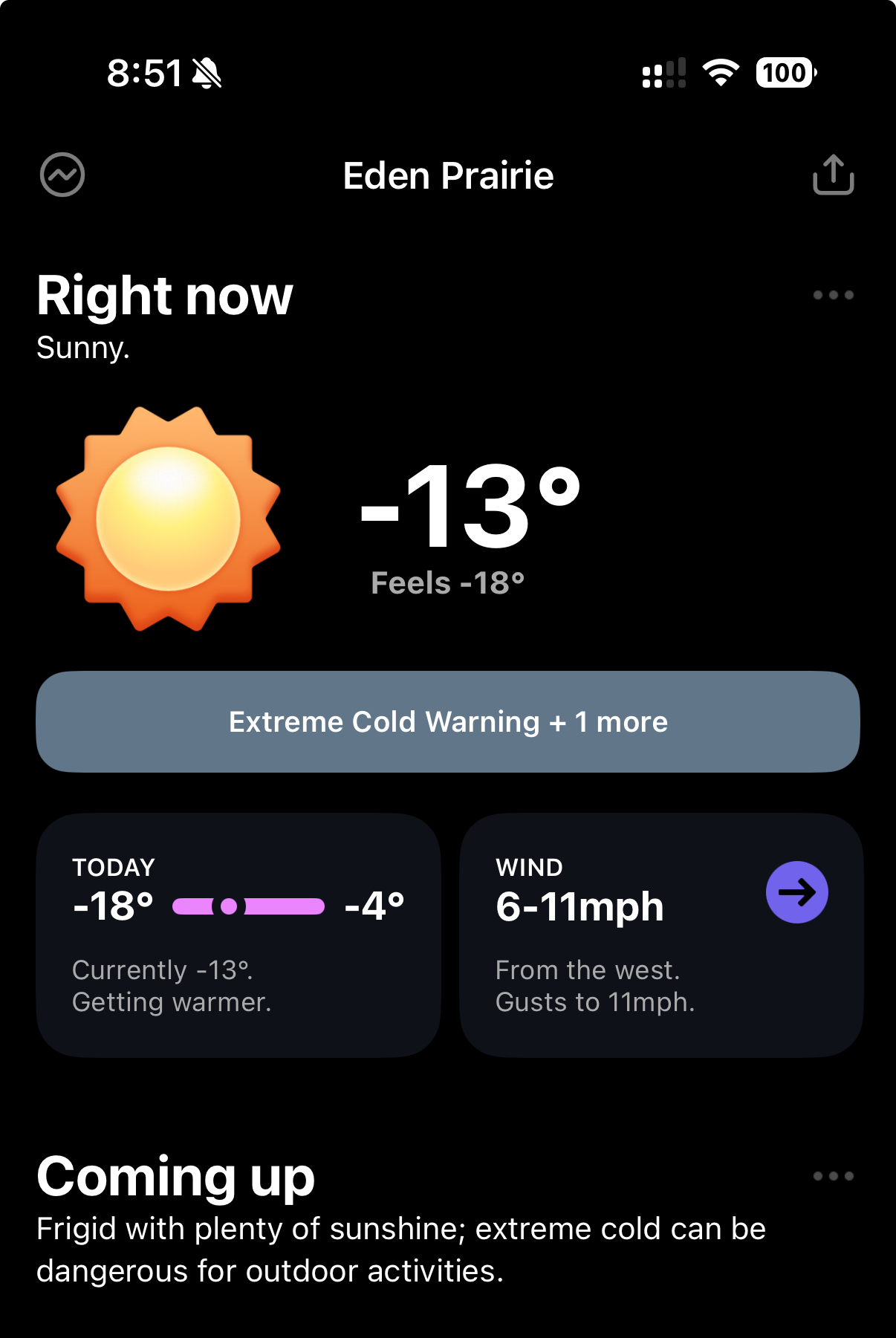 Weather interface displaying a sun icon indicating sunny weather, with a temperature of -13°F, feels like -18°F. Extreme cold warning issued. Additional details: wind 6-11 mph, gusts to 11 mph. 