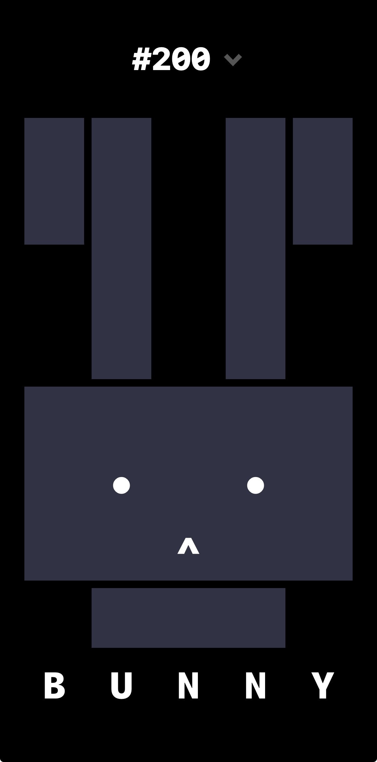 Minimalist illustration of a bunny face with geometric shapes on a black background, accompanied by the text “#200” at the top and “BUNNY” at the bottom.