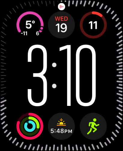 Smartwatch display shows large time “3:10,” temperature “5°” with a low of “-11,” date “Wed 19,” battery icon at 11%. Activity rings, sunset at 5:48 PM, exercise icon.