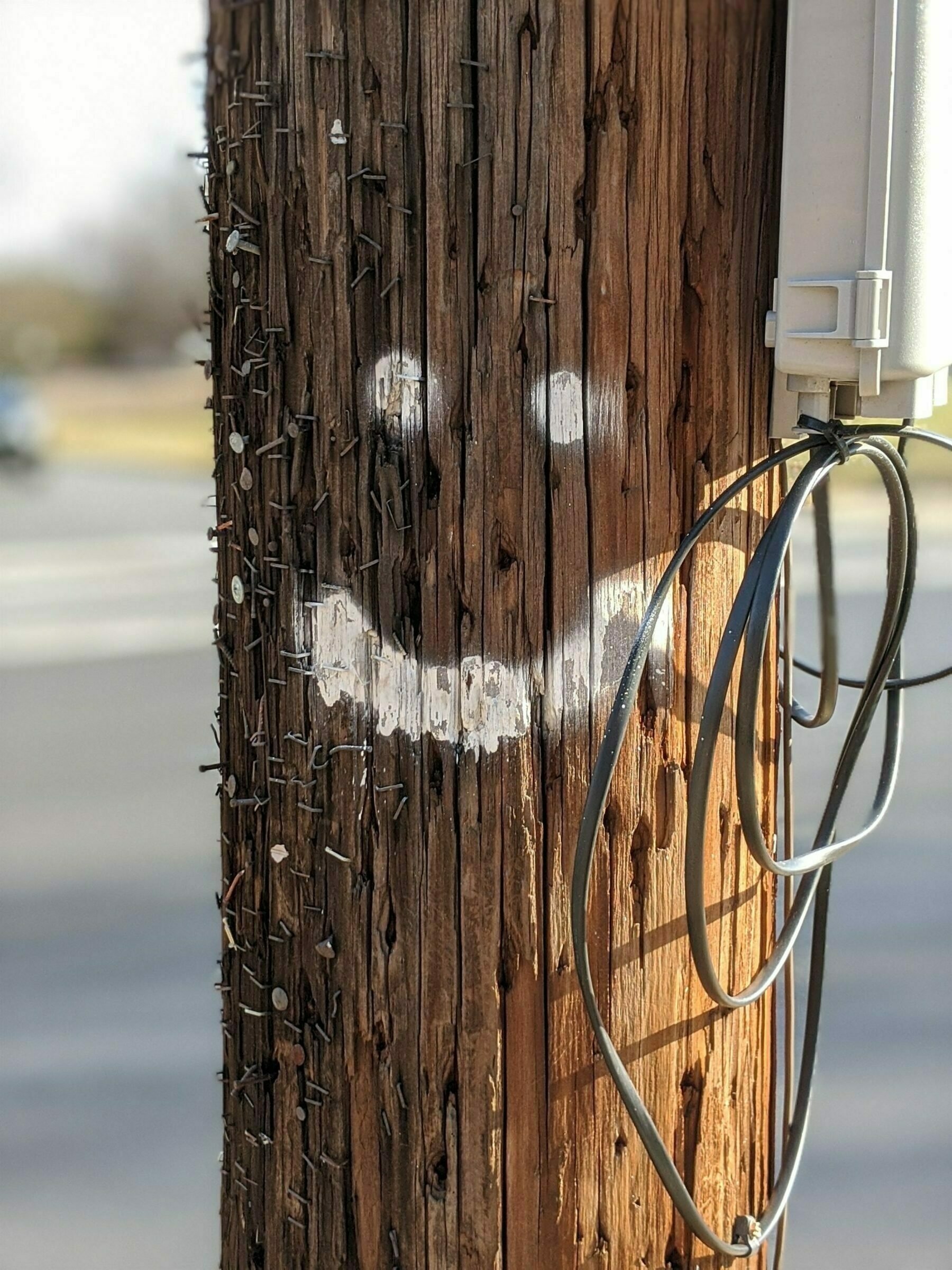 Telephone poll with smiley face spray painted on. 