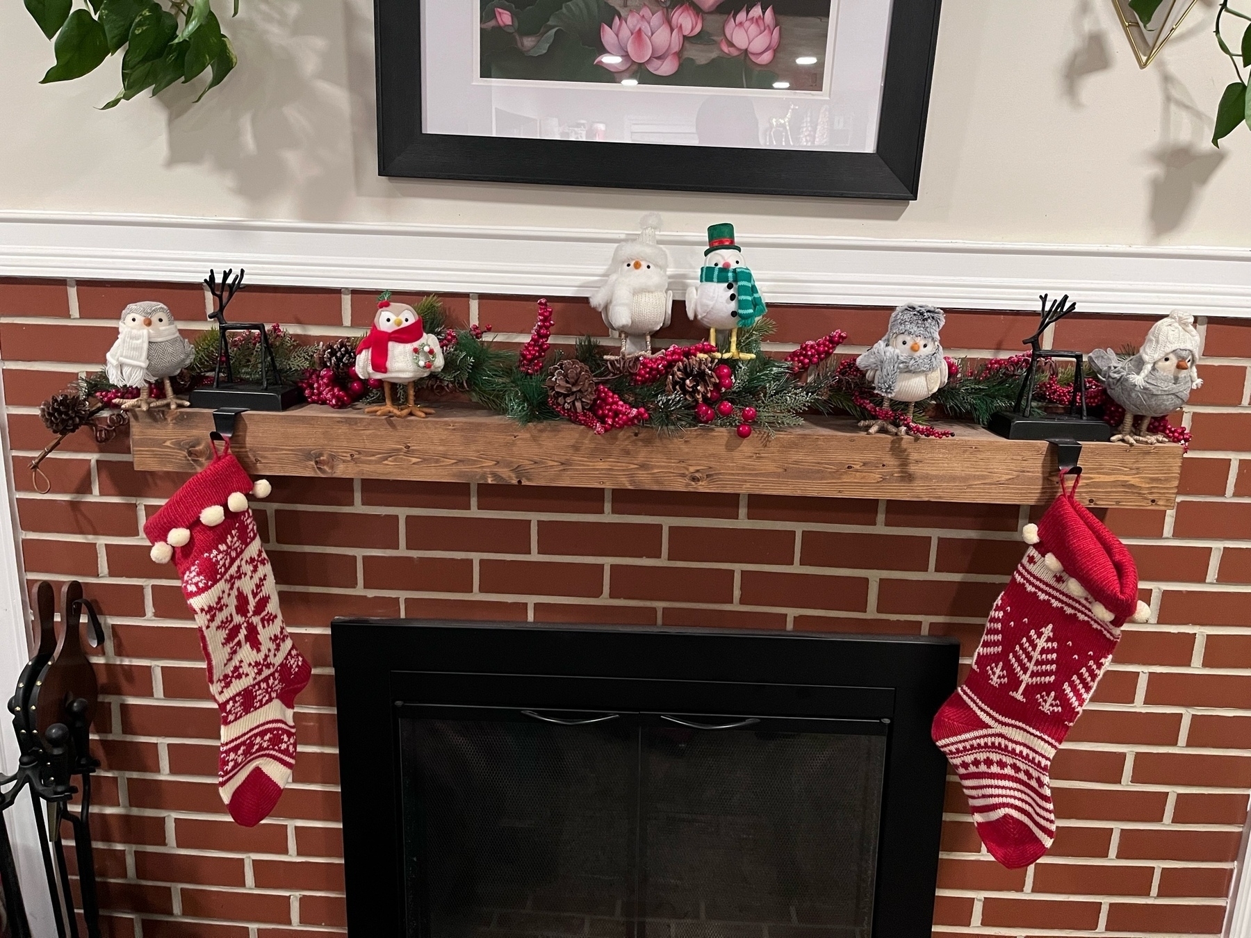 mantle over fireplace with fabric Target birds. 