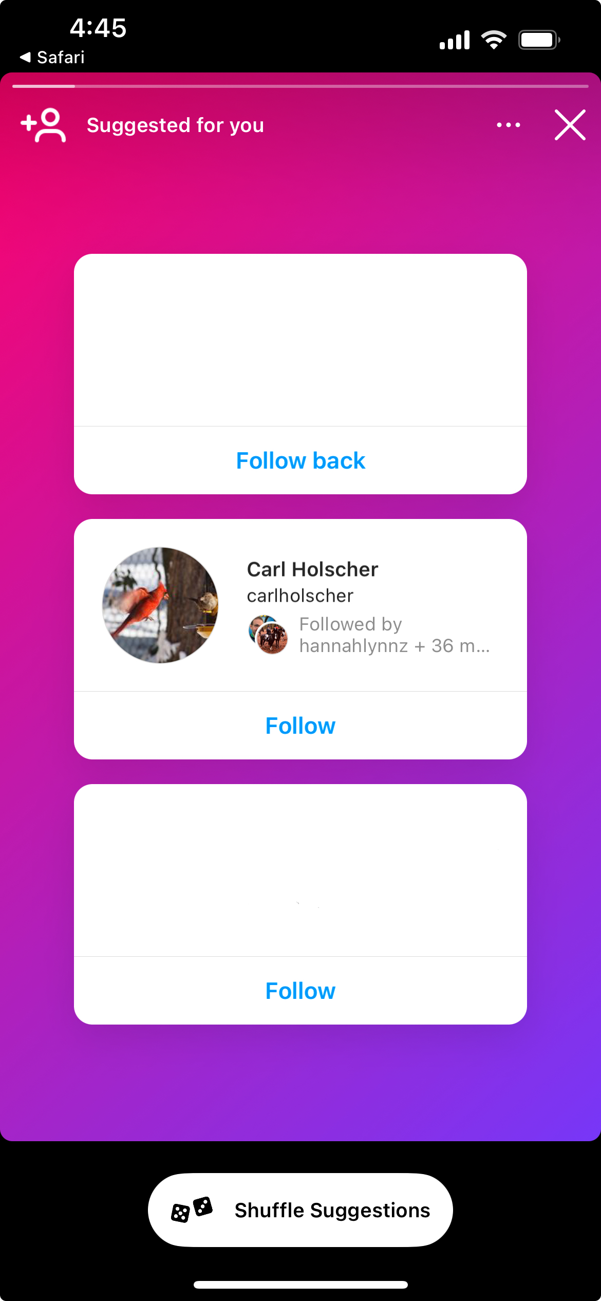 Screenshot of instagram recommending accounts with two hidden and it showing my own account as one of them. 