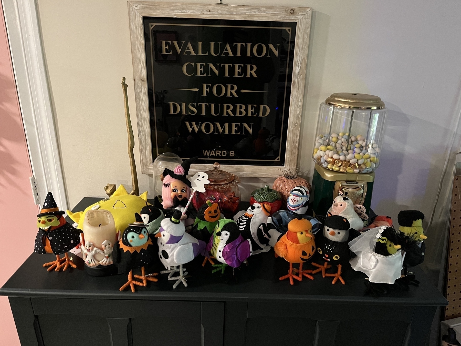 A group of about 20 different fabric birds standing about 6 1/2 inches tall wearing various Halloween costumes in front of a sign saying Evaluation Center for Disturbed Women. 