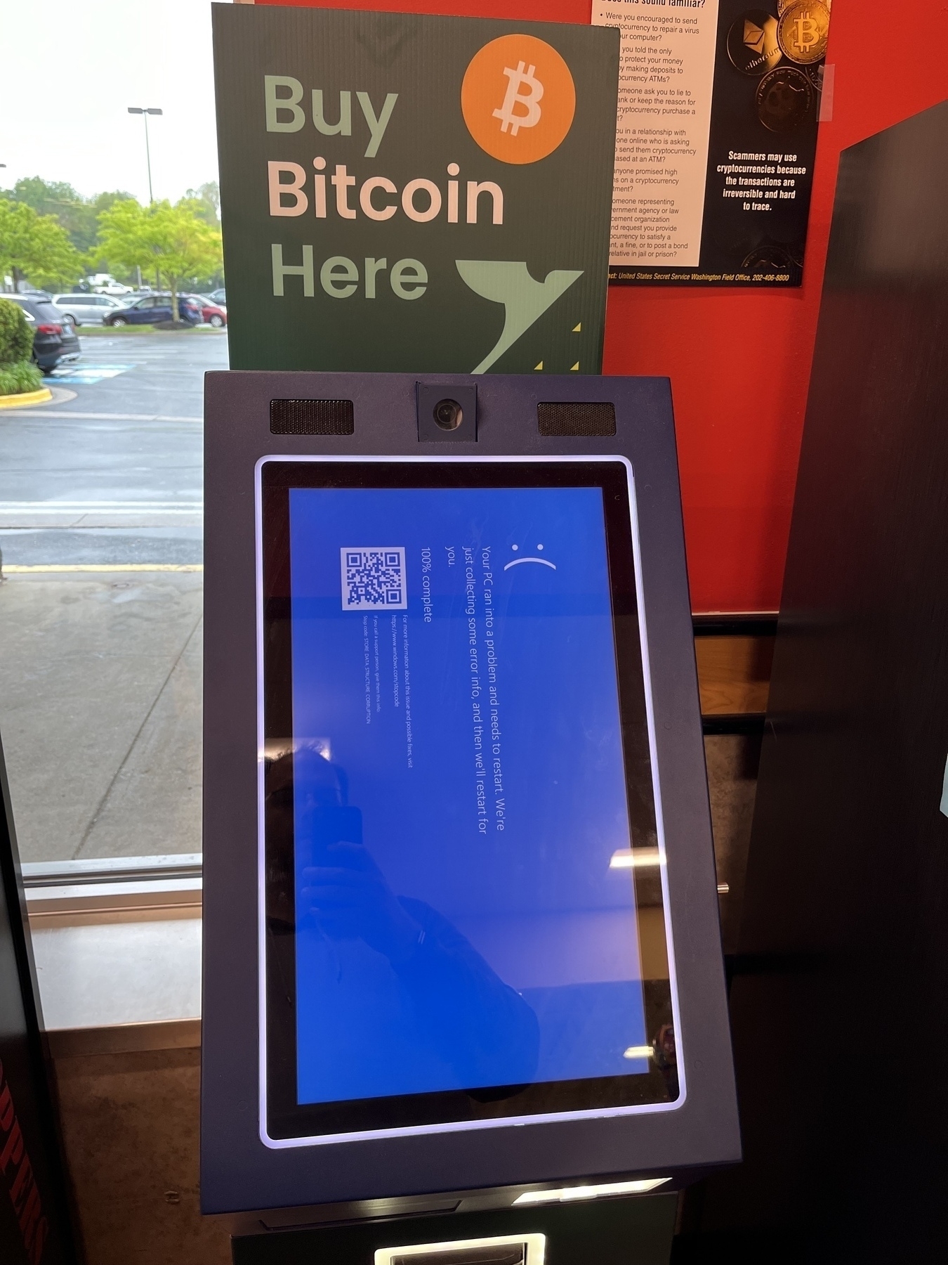 Buy bitcoin here kiosk with a Windows frowny face error.  