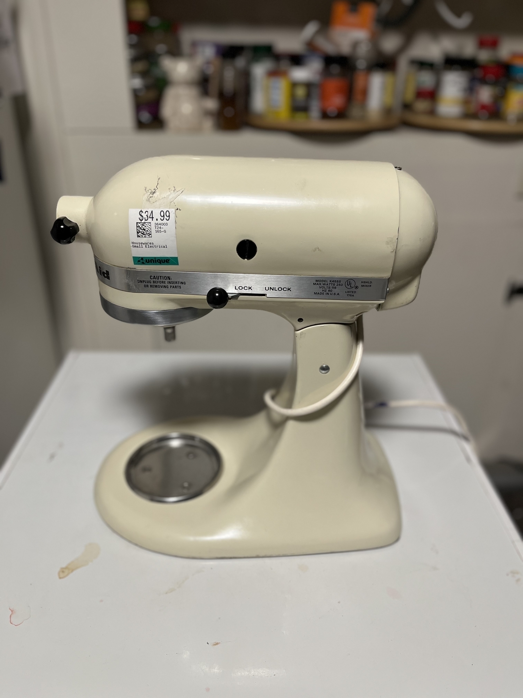 KitchenAid mixer showing $34.99 price and K45SS model and 250 watts. 